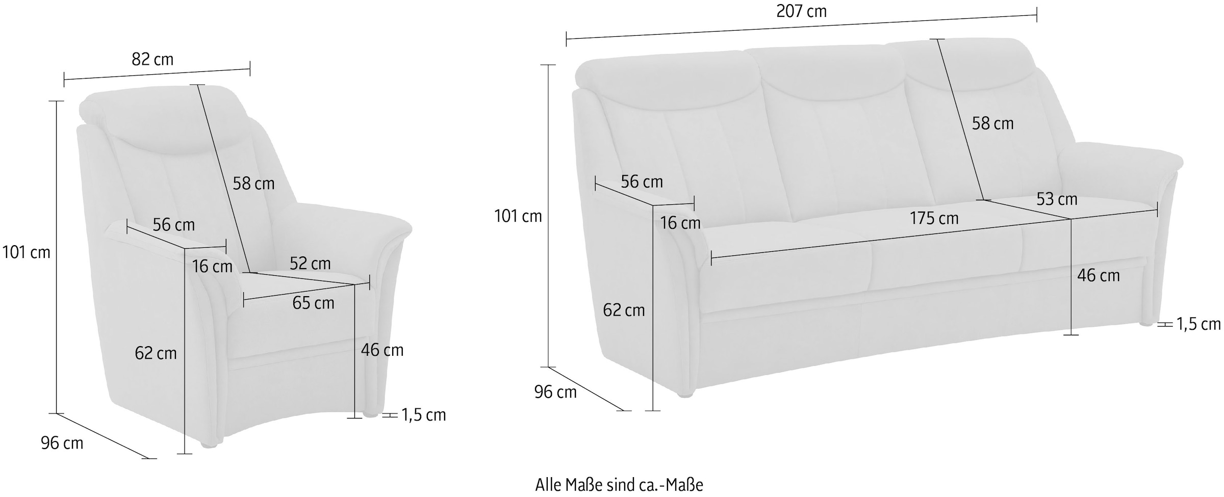online »Lugano«, in Sessel 3 3-Sitzer (Set, Polstergarnitur VILLA tlg.), 46 Kopfteilverstellung, kaufen BECK Sitzhöhe und 2x cm,