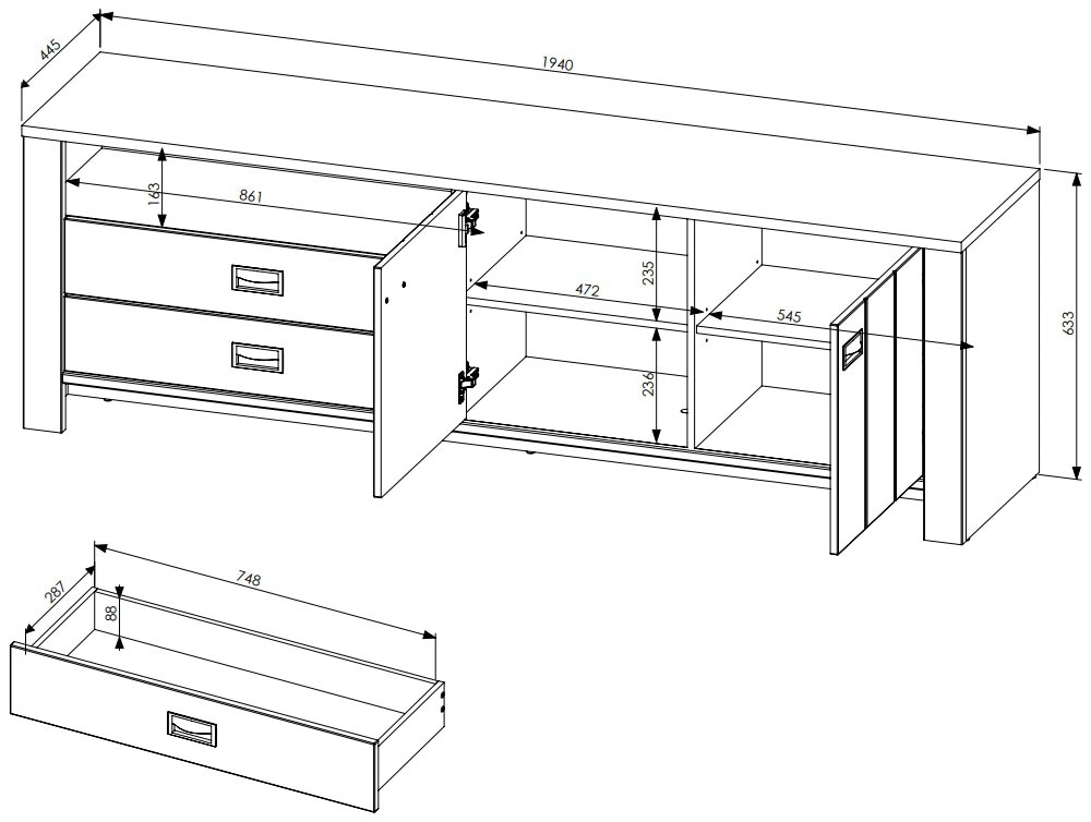 Innostyle Lowboard »DIJON«, (1 St.), 2 türig, 5 Fächer, 4 Schubladen, 2 Einlegeböden, 1 Kabeldurchlass