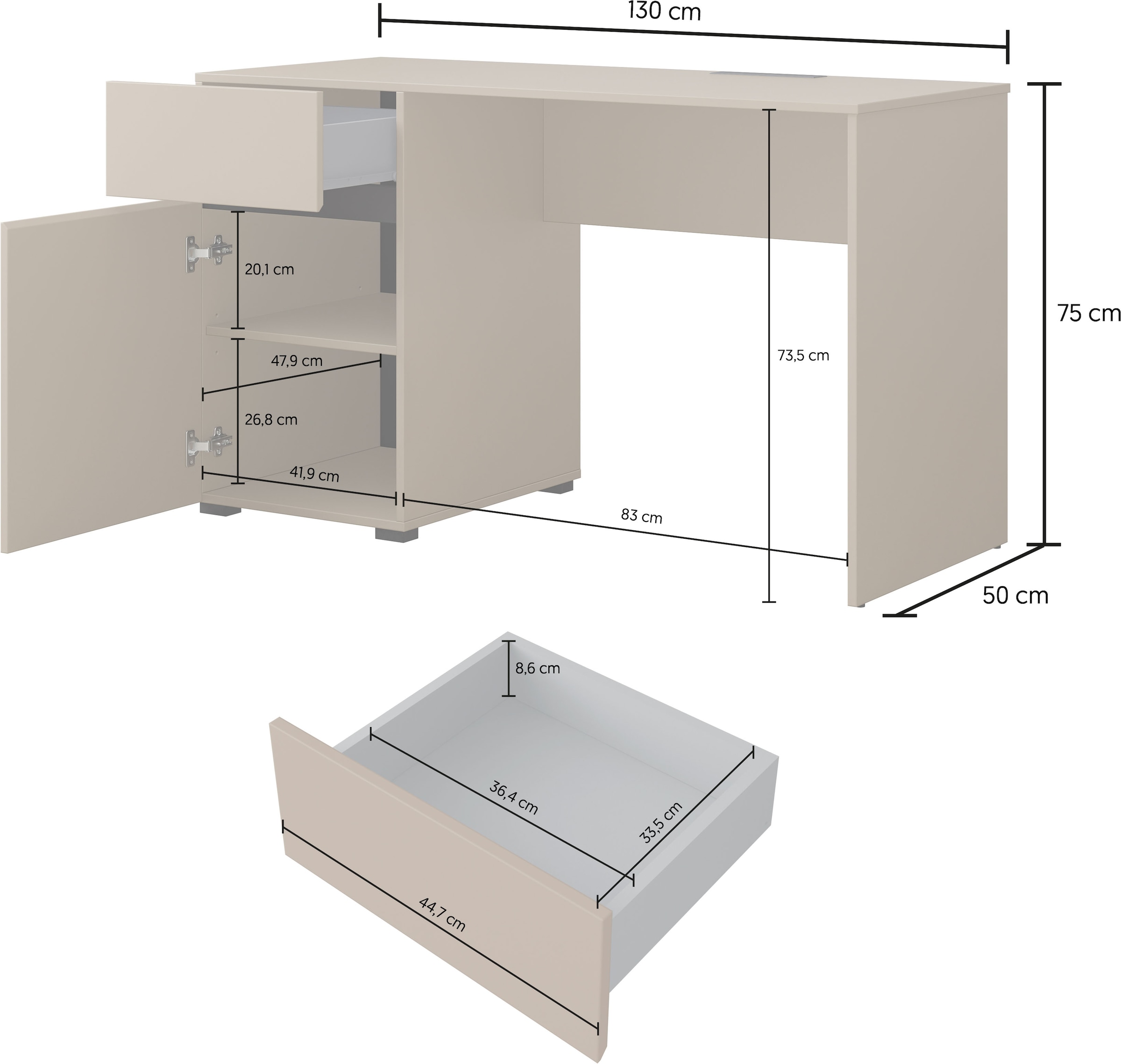 OTTO home Schreibtisch »Cross, Breite 130 cm, praktischer Computertisch« Bürotisch mit 1 Schublade und Tür, Tischplatte mit Kabeldurchführung