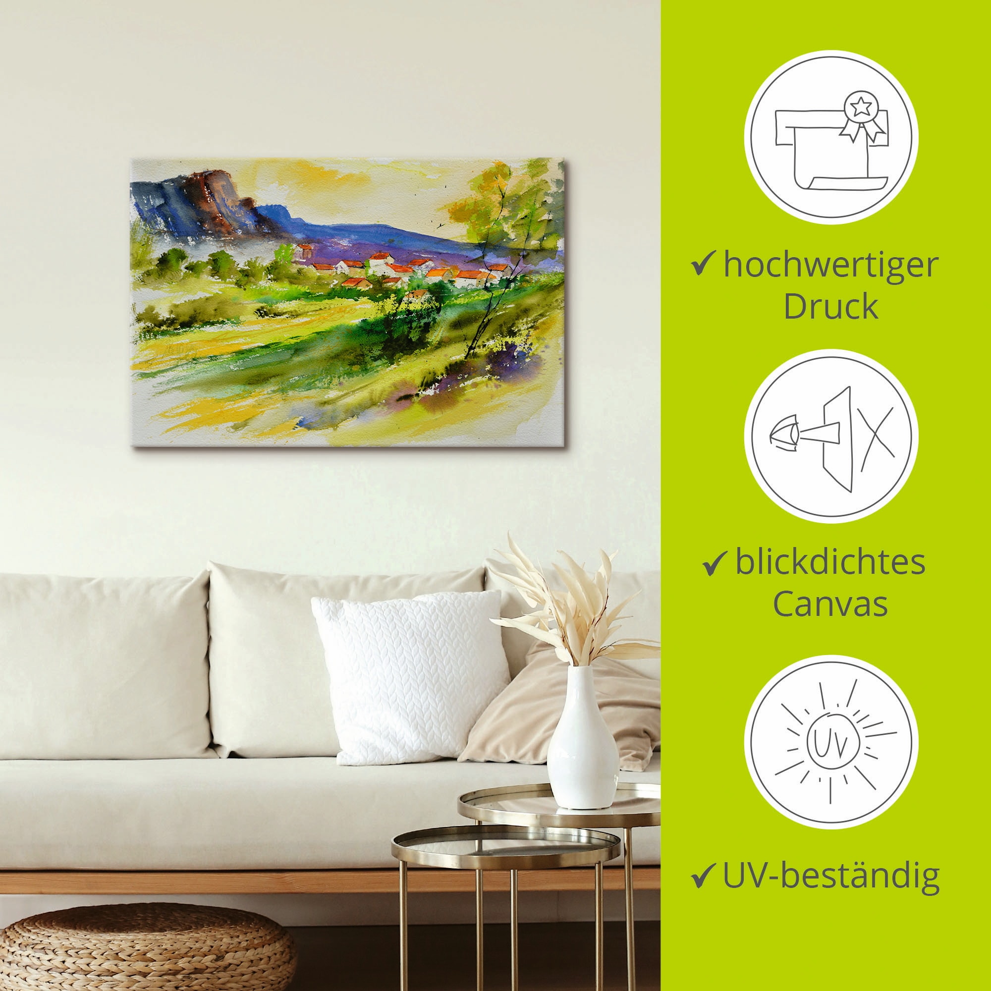 Artland Wandbild »Landschaft und Wohnhäuser«, Wiesen & Bäume, (1 St.), als Leinwandbild, Poster in verschied. Größen
