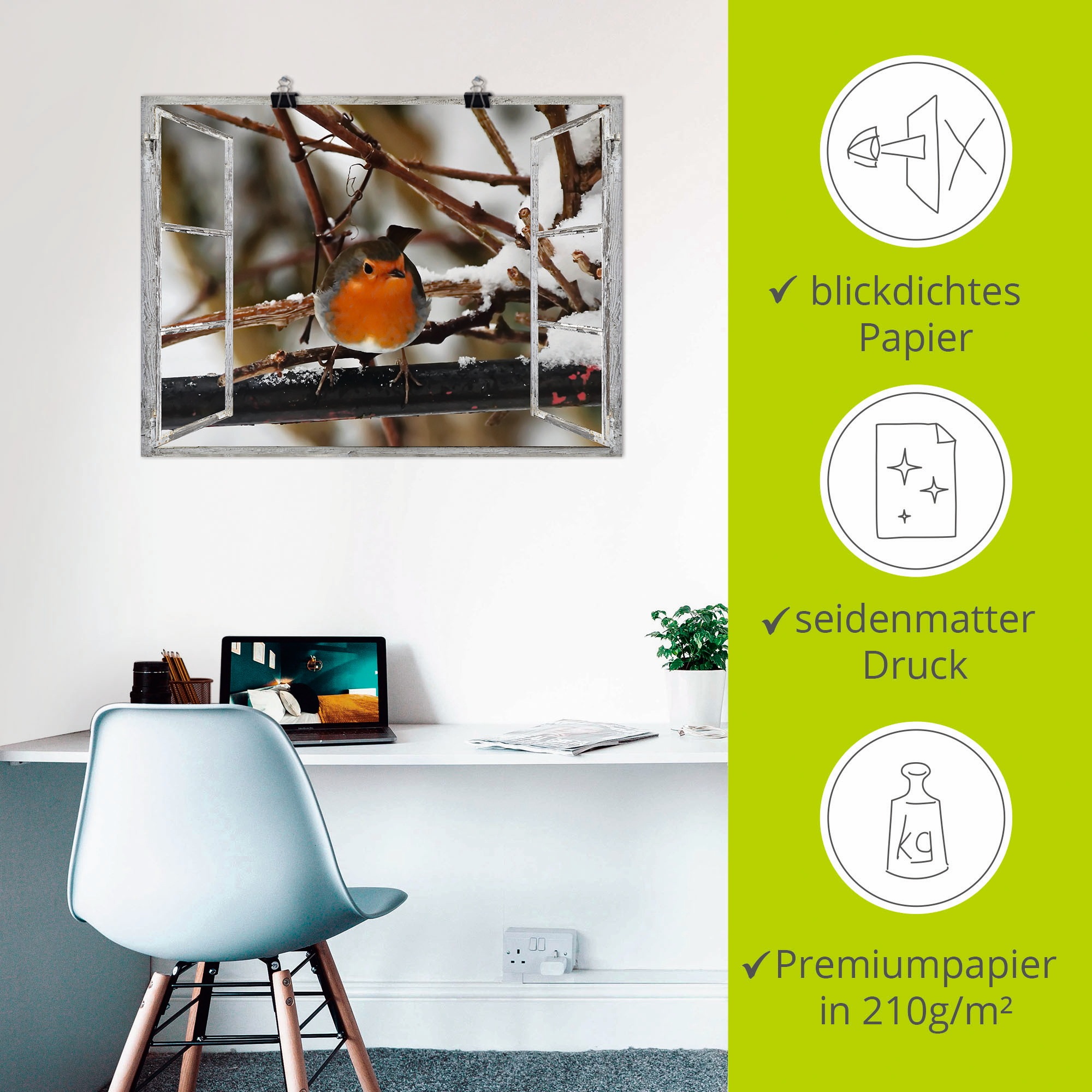 Artland Wandbild »Fensterbild - Rotkehlchen«, Vögel, (1 St.), als Poster, Wandaufkleber in verschied. Größen