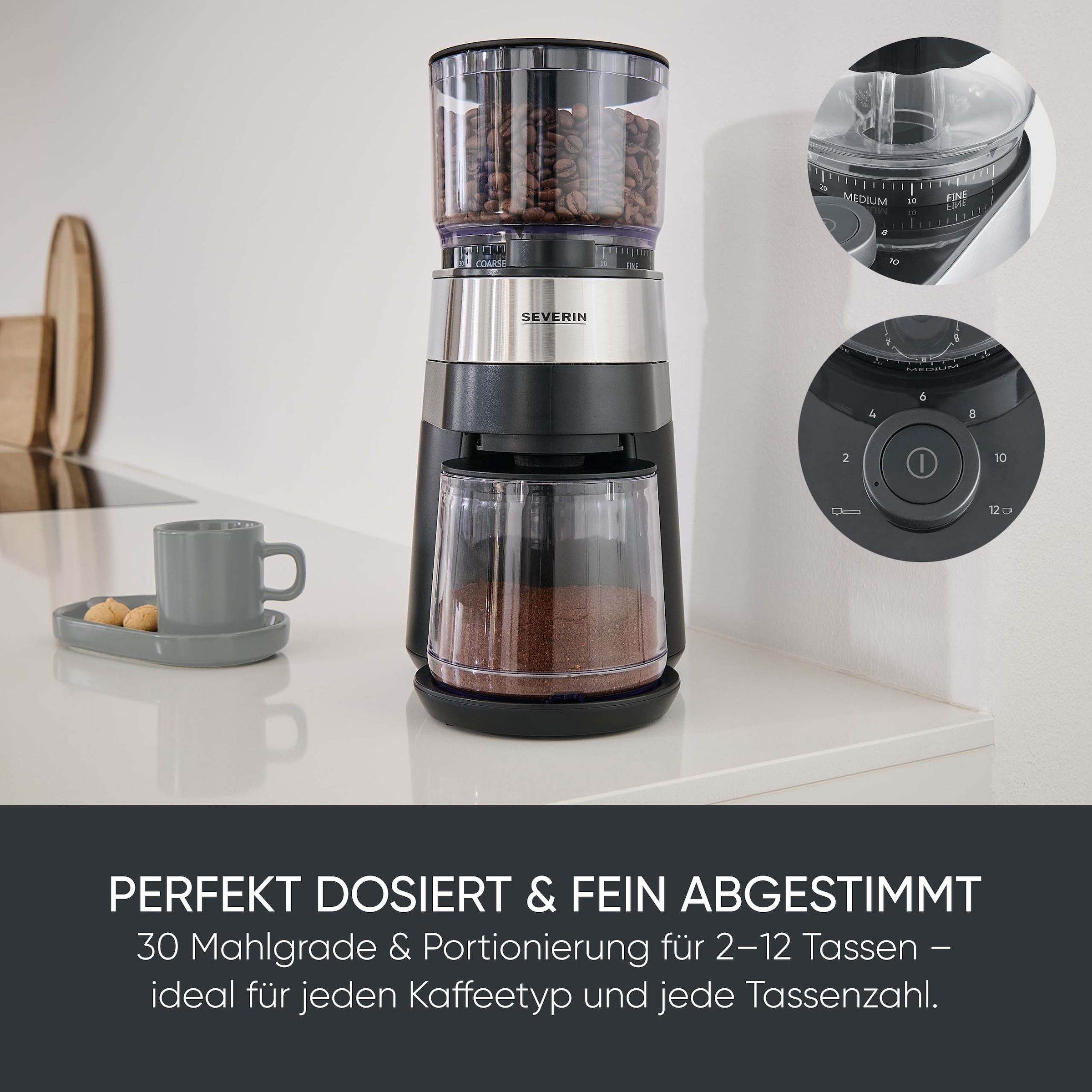 Severin Kaffeemühle »KM 3880« Scheibenmahlwerk 240 gBohnenbehälter bis 240g Bohnen, Aromaverschluss, Mahlgrad in 30 Stufen einstellbar