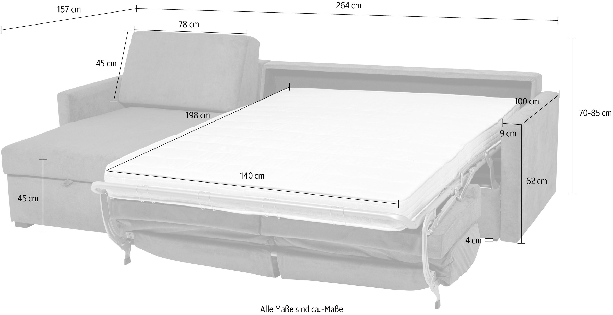 PLACES OF STYLE Schlafsofa »GOLDPOINT Ecksofa 264 cm, Liegefläche (140/200cm), L-Form,« Bettfunktion, Bonell-Federkernmatratze und Dauerschläfer-Funktion