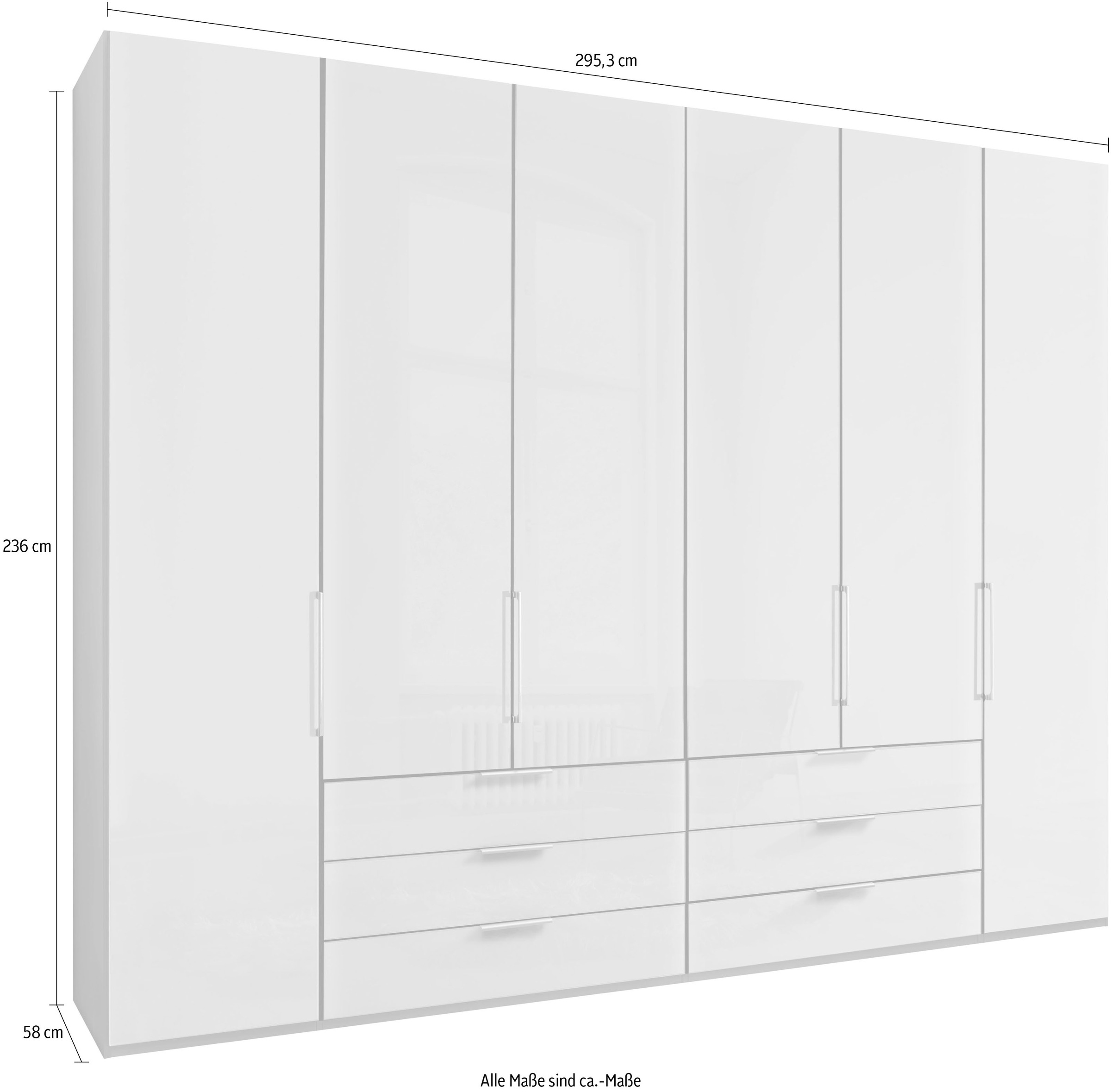 WIEMANN Falttürenschrank »Monaco, Kleiderschrank, Schrank, Wäscheschrank, mit edler Glasfront«, (2 Breiten, 2 Höhen 216/236 cm auswählbar, MADE IN GERMANY), inkl. gepämpften Schubkästen und Türen, mit Panoramaöffnung