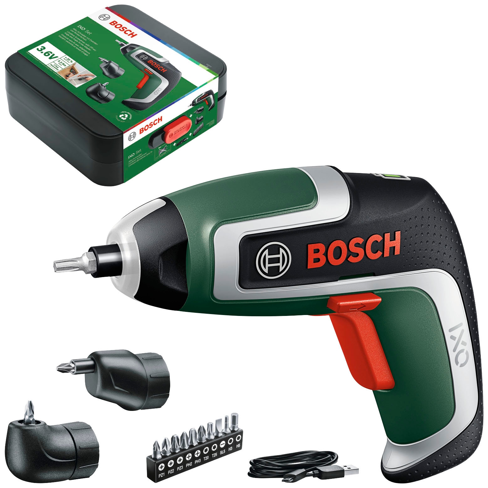 Bosch Home & Garden Akku-Schrauber »IXO 7«, (Set), mit 10-tlg. Bit-Set, Winkelaufsatz, Exzenteraufsatz, Aufbewahrungsbox