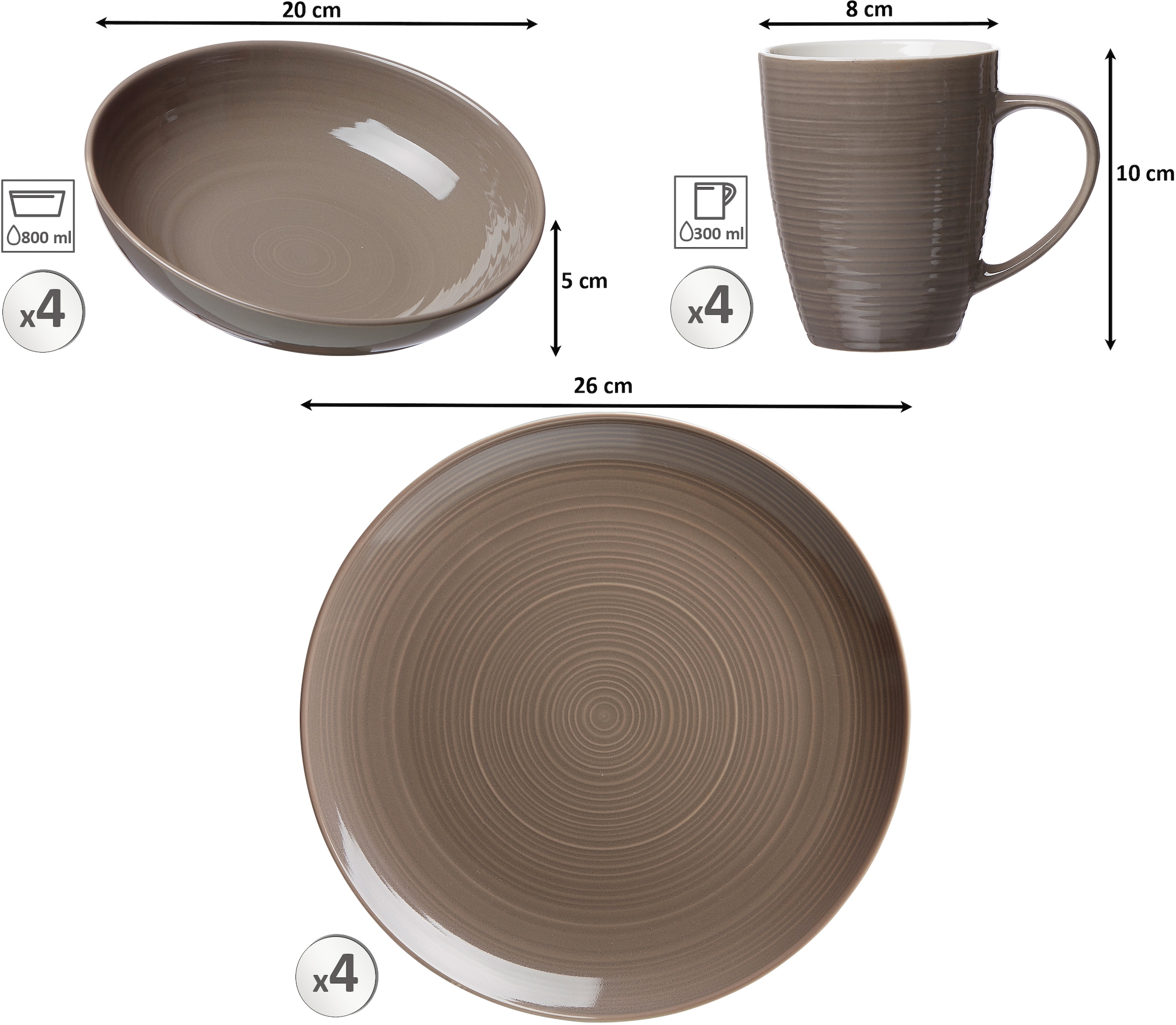 Ritzenhoff & Breker Kombiservice »Geschirr-Set, Service Suomi«, (Set, 12 tlg., 4 Teller Flach, 4 Schalen (800 ml), 4 Kaffeebecher (300 ml), skandinavisches Design, 12 Teile, für 4 Personen