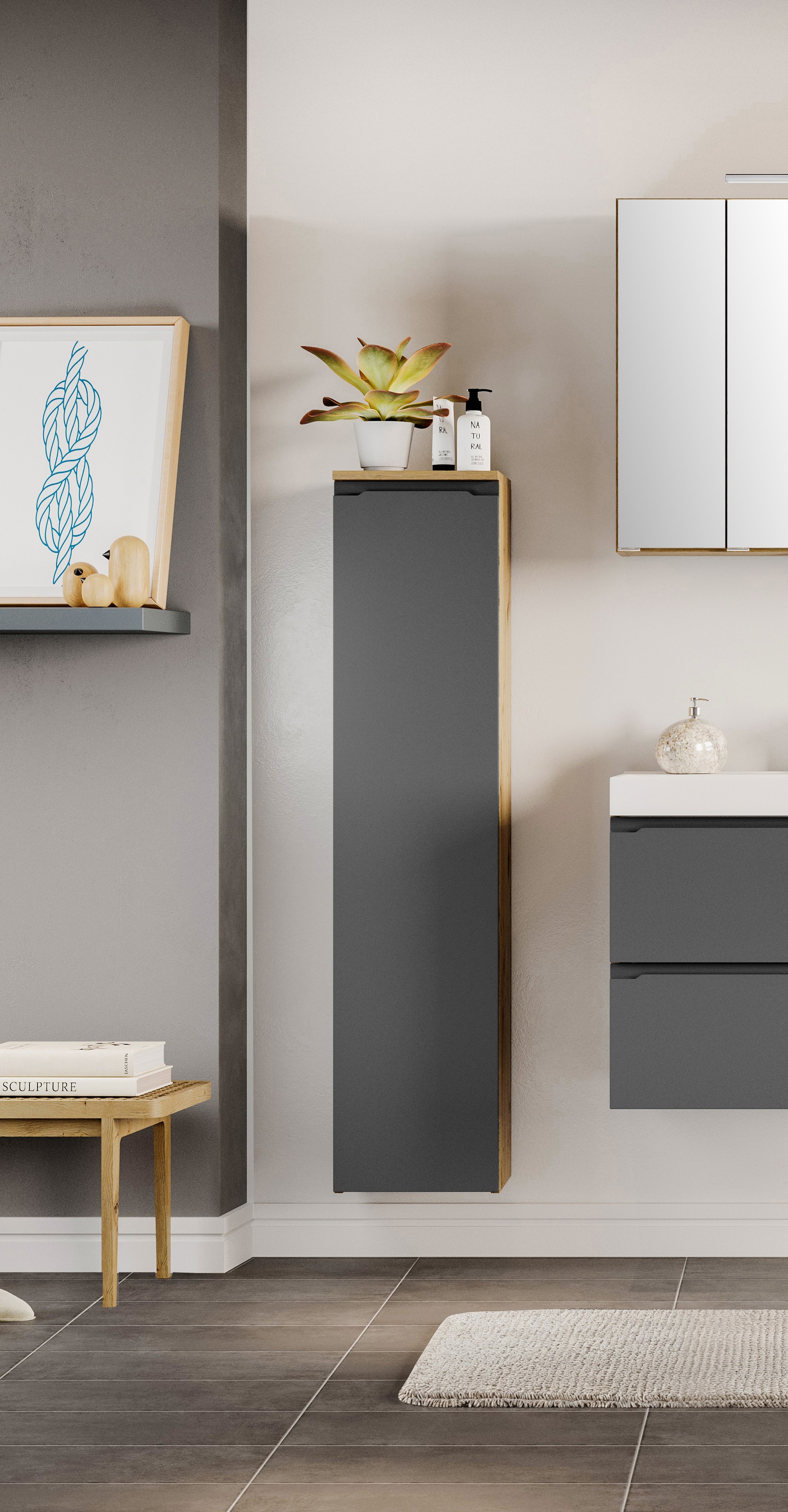 welltime Midischrank »CABO, gedämpfte Scharniere« matt grau, griffloses Design, reversibel