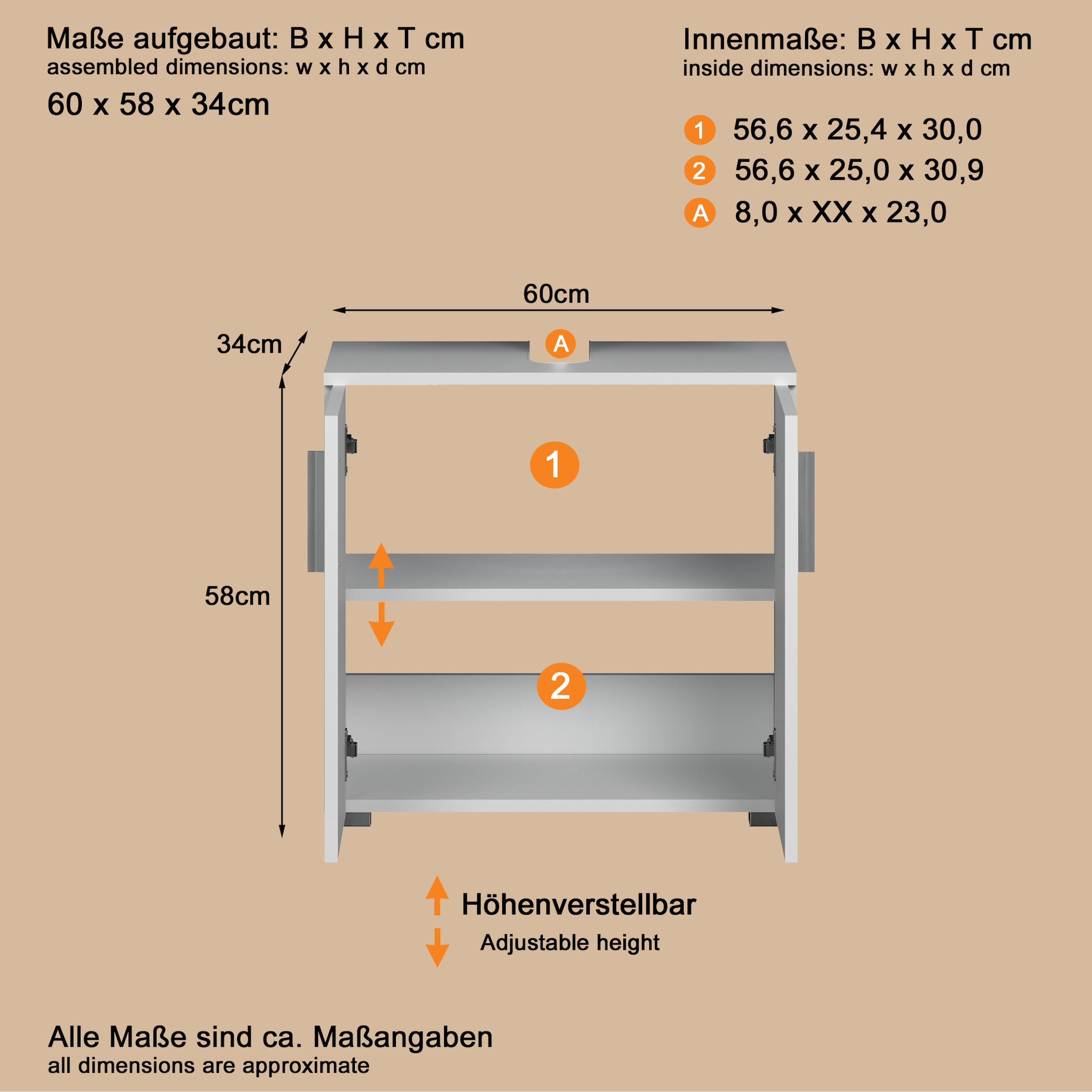 welltime Waschbeckenunterschrank »Prag« 1 Stk. tlg. Waschbeckenunterschrank mit 2 Türen - (B/T/H) 60/34/58 cm