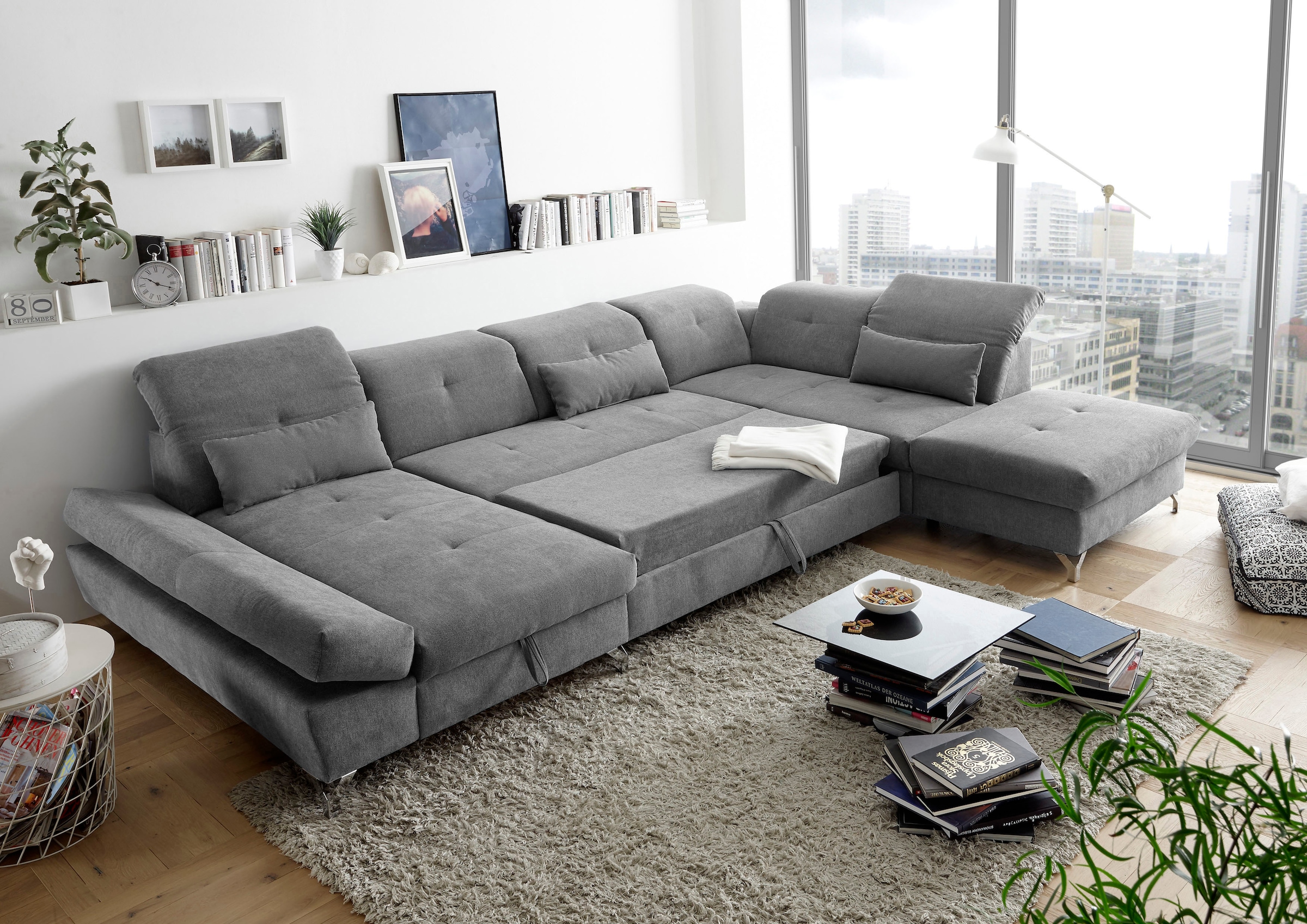 ED EXCITING DESIGN Wohnlandschaft »Melfi U-Form mit Bettfunktion, Bettkasten«, Arm- & Kopfteilverstellung & 3 Nierenkissen