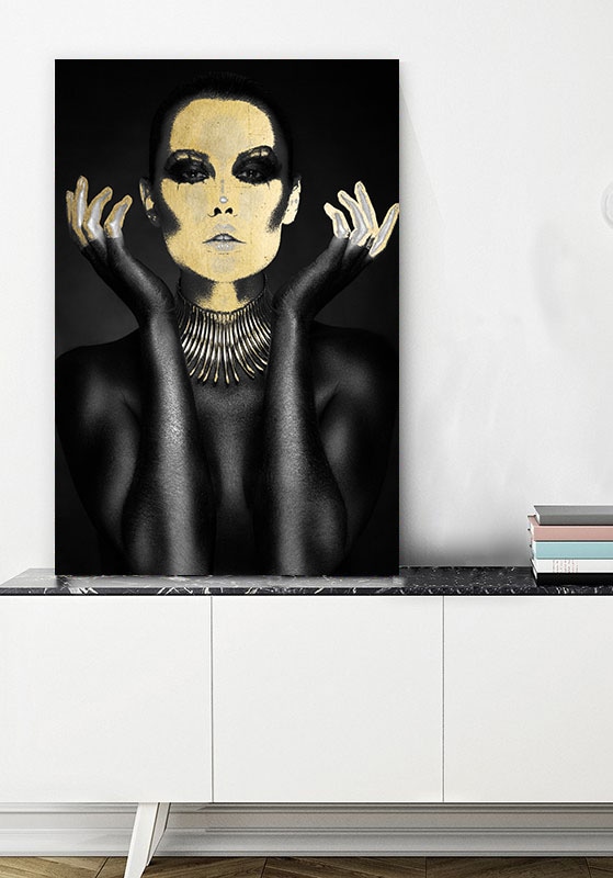 queence Acrylglasbild »Chnum«, Frau-Gemälde-Frau-Bilder von Frauen-Mode-Modern-Fashion-Magazincover, (1 St.), von Hand eingearbeitete Blattgold Applikationen