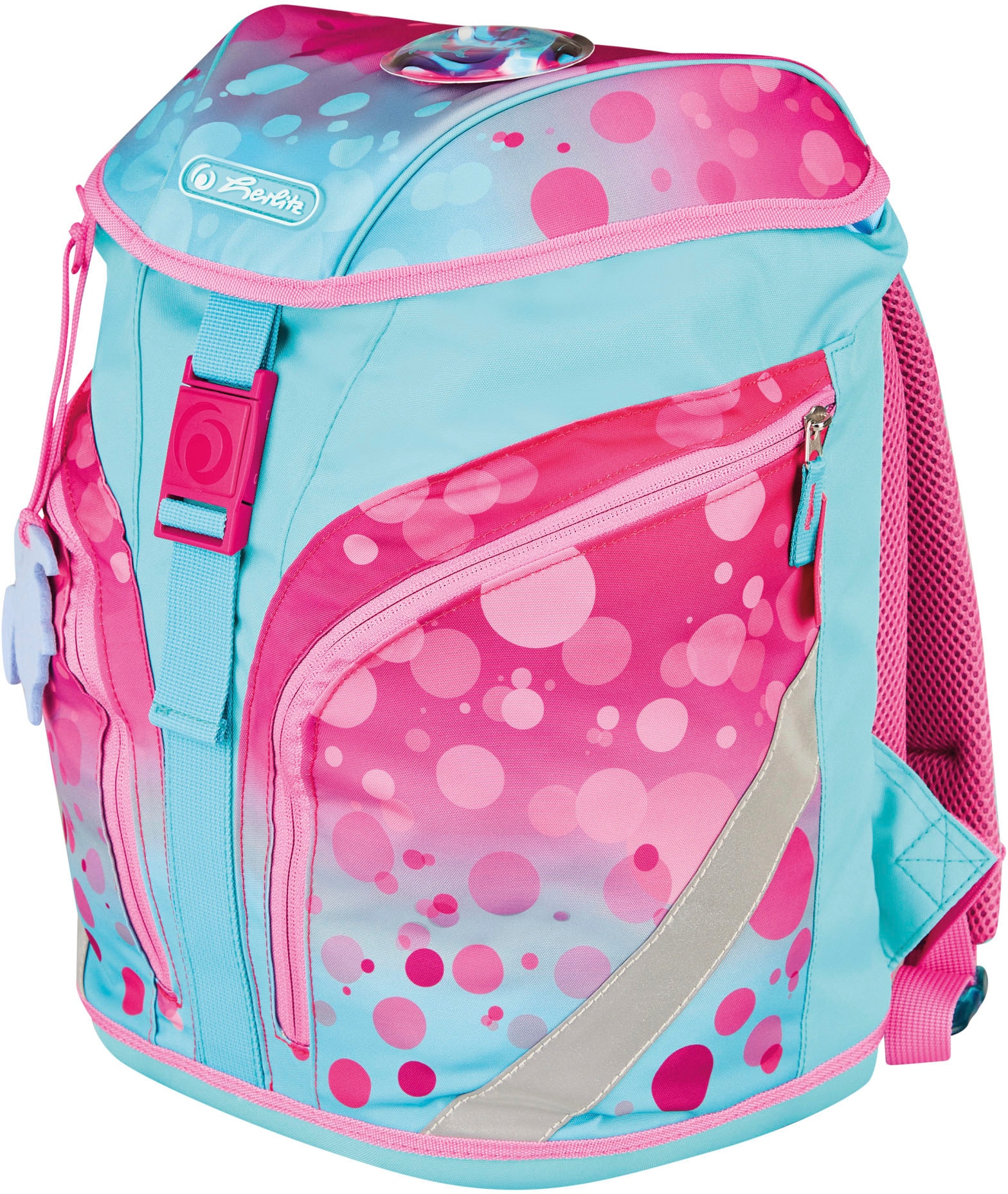 Herlitz Schulrucksack »SoftLight Plus GREENline, Pink Bubbles«, Reflektoren-Floureszierende Flächen, mit abnehmbarer Applikation und Filzanhänger