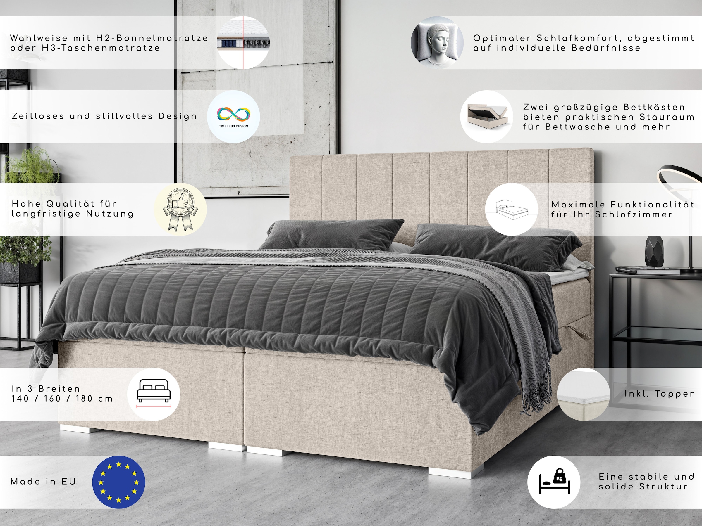 Home affaire Polsterbett »Ginoro mit Matratze und Topper, in 3 Breiten (140, 160 und 180 cm)« Boxspringbett mit Kopfteil, Bettkasten, Matratze (BFK/TFK) und Topper
