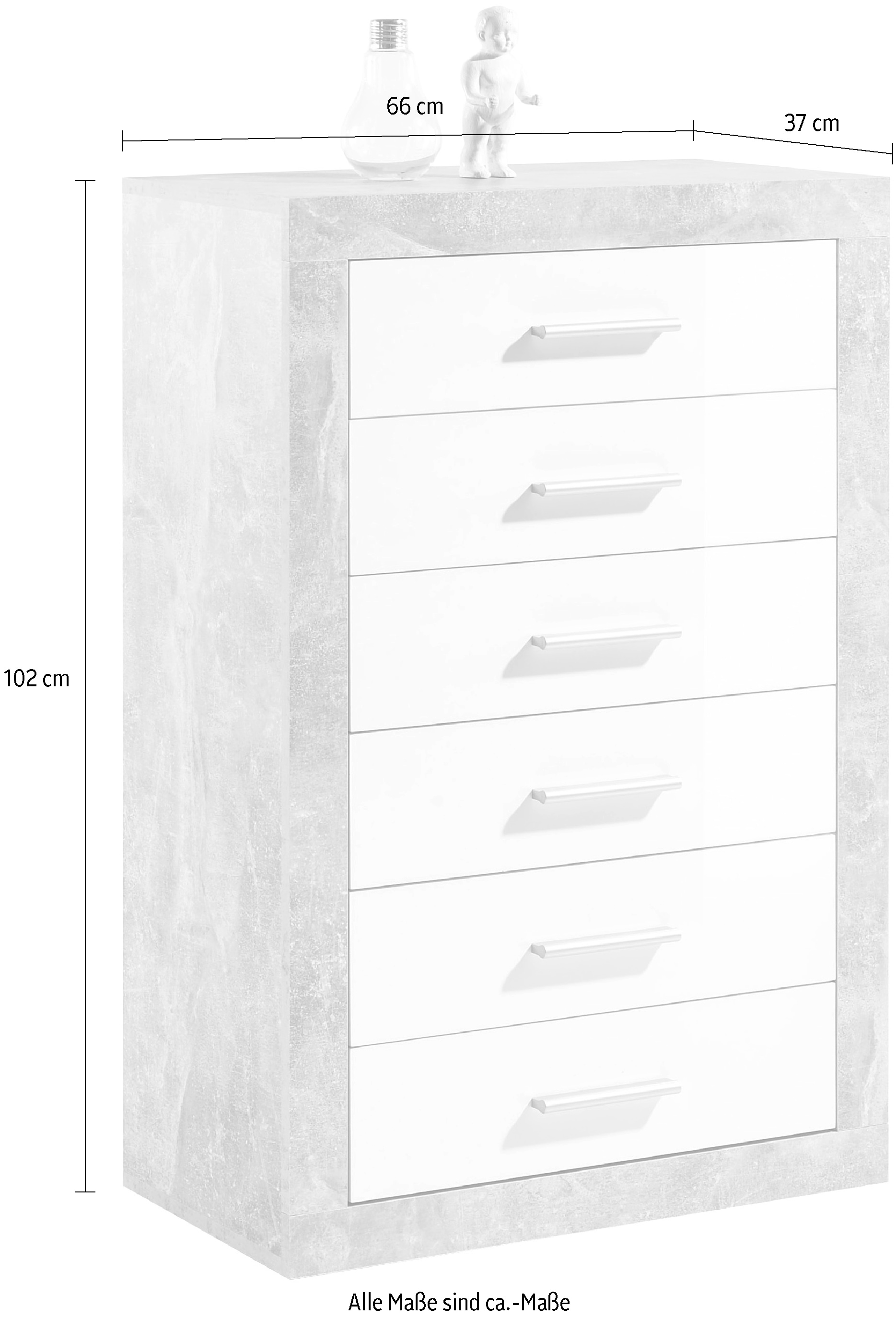 HBZ Sideboard »Stone weiß Hochglanz, Schrank mit Schubkästen BxHxT 66x102x37 cm«, (1 St.), Beton Dekor und weiß Hochglanz, Schrank mit 6 Schubkästen