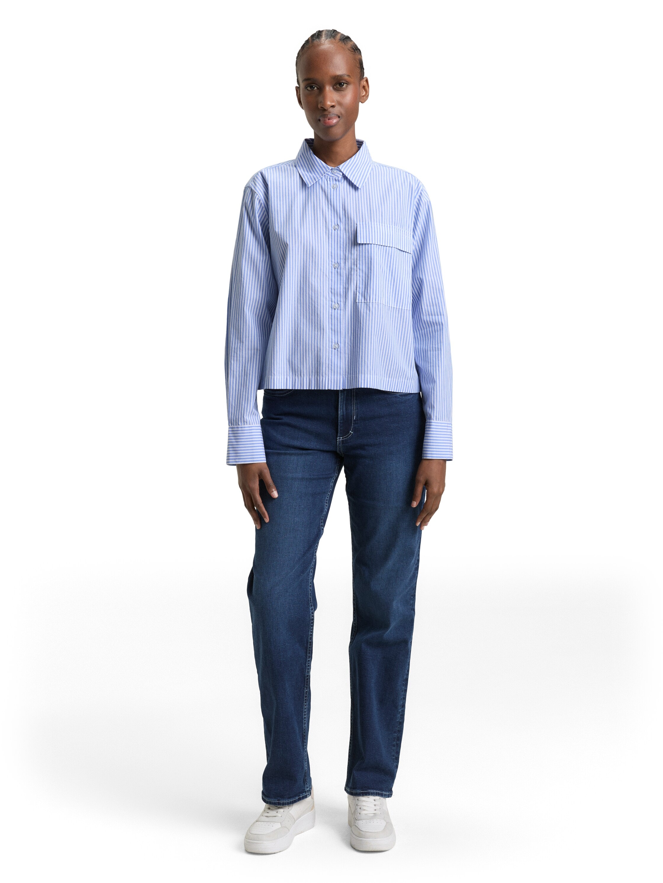 TOM TAILOR Denim Langarmbluse gestreift, kurze Form, mit Brusttasche