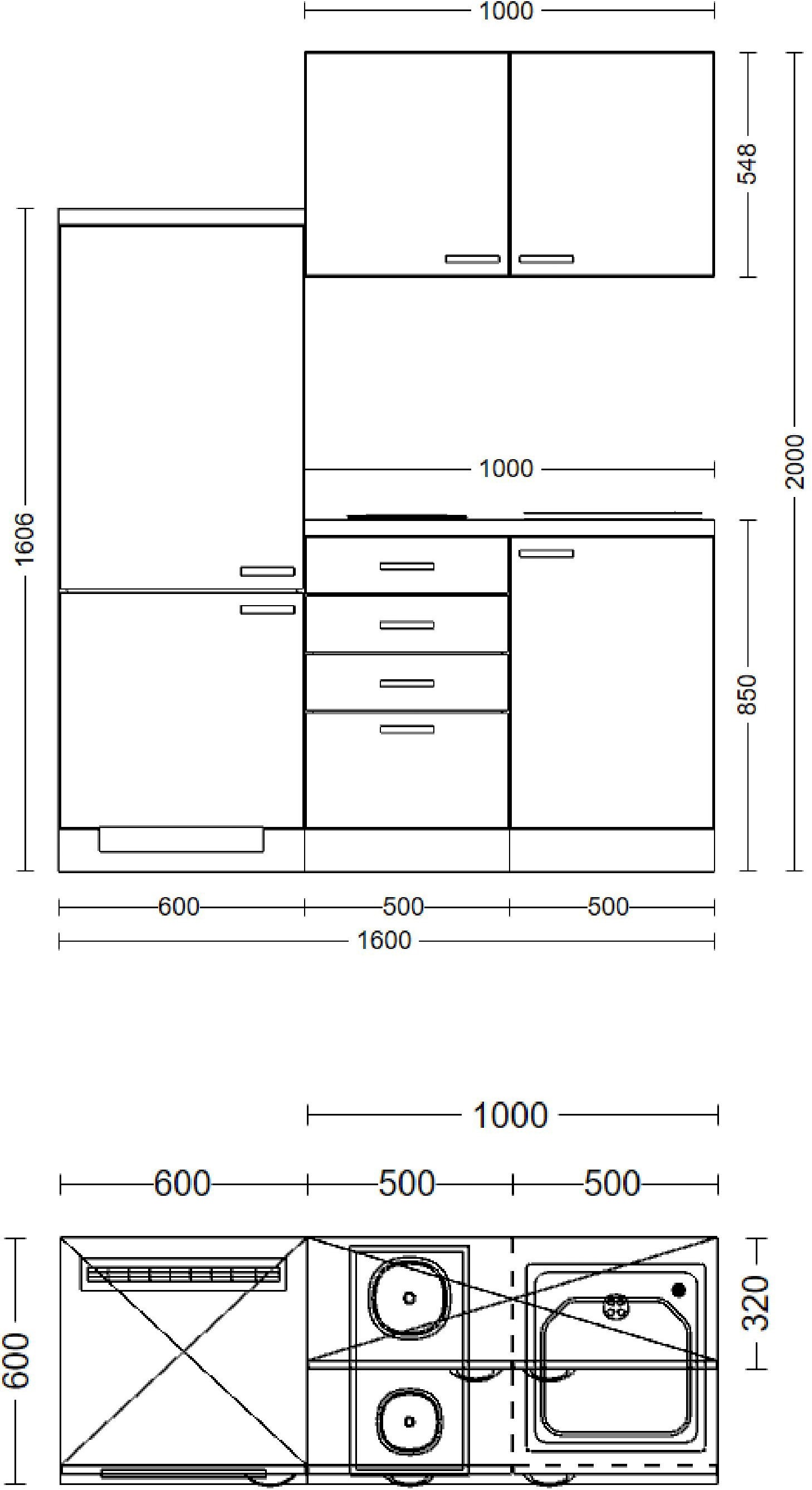 Flex-Well Küchenzeile »Wito«, Gesamtbreite 160 cm, mit Einbau-Kühlschrank, Kochfeld und Spüle etc.