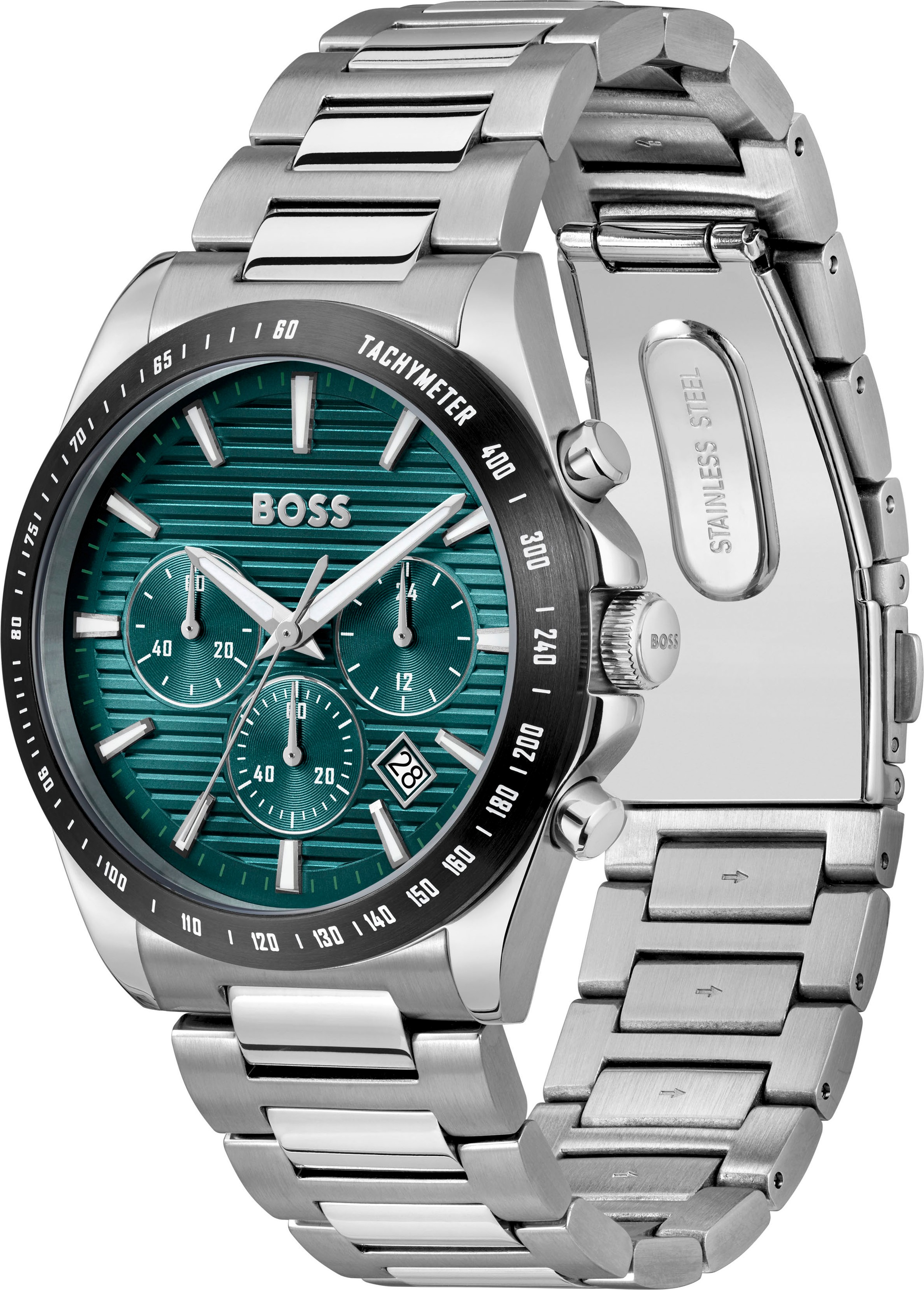 BOSS Chronograph »STRIKE CHRONO« Quarzuhr, Armbanduhr, Herrenuhr, Edelstahlarmband, analog, Tag