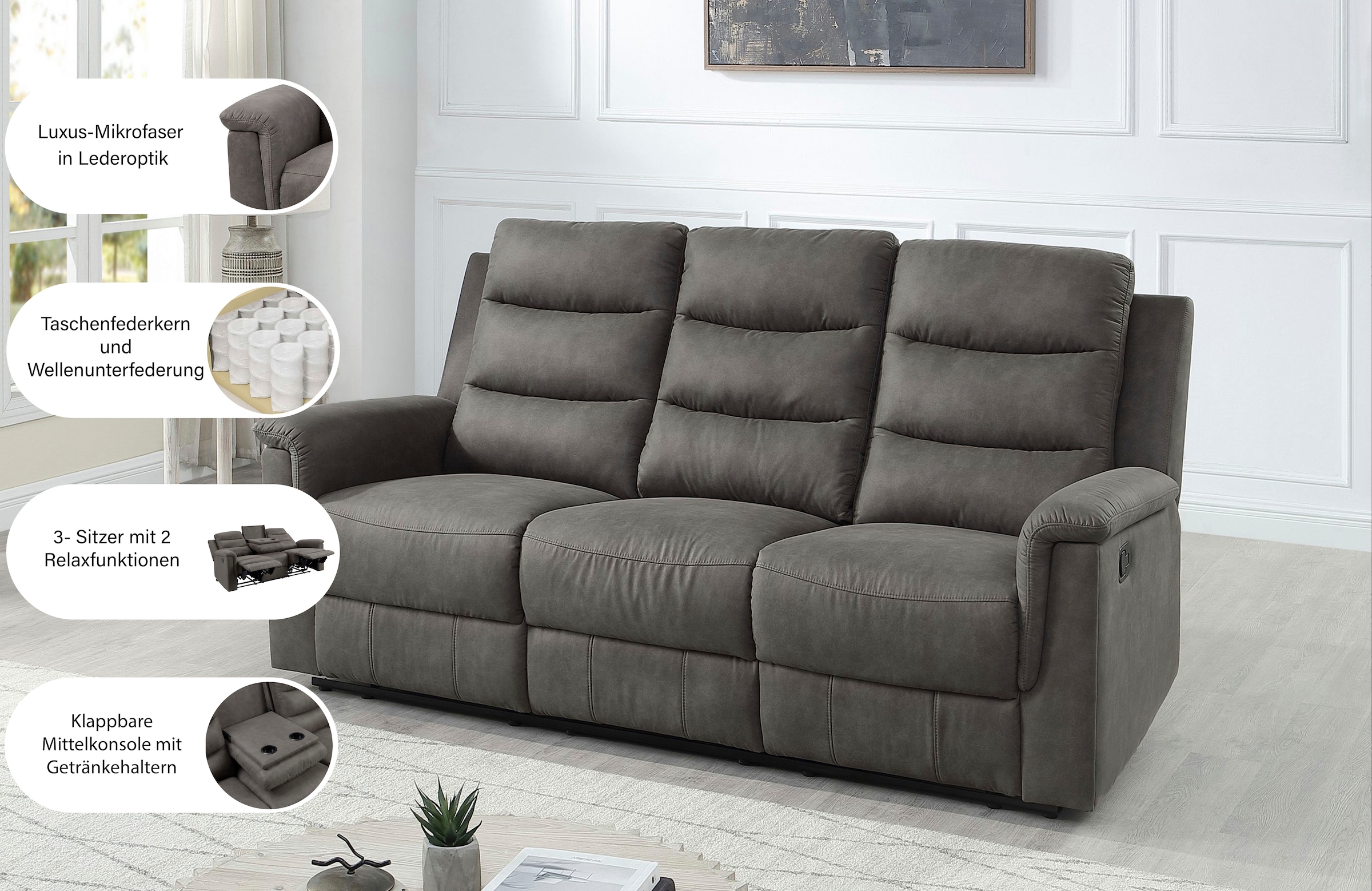 ATLANTIC home collection 3-Sitzer »Cliff mit 2 Relaxfunktionen« Federkern und Becherhaltern in klappbarer Mittelkonsole