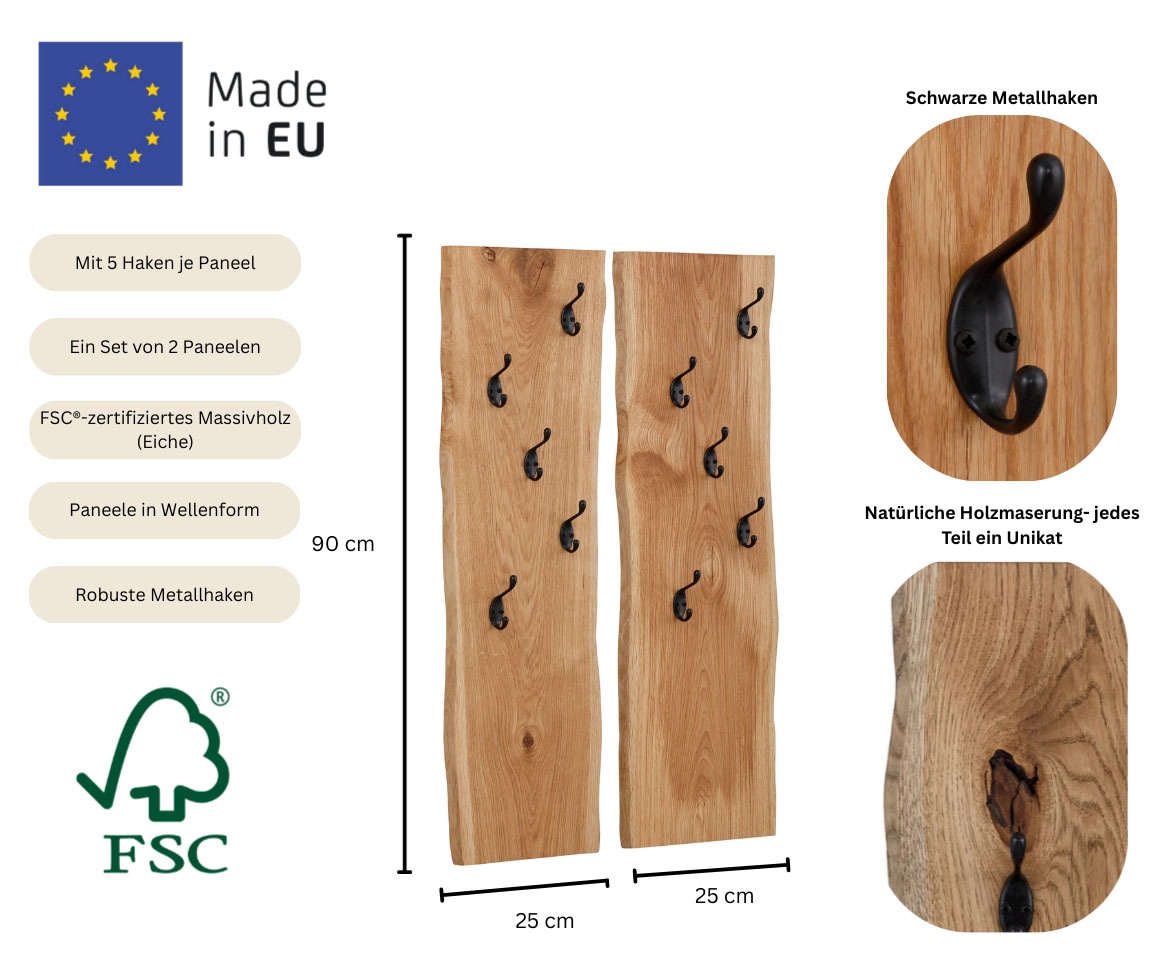 Home affaire Garderobenpaneel »Brodi« Maße pro Paneel (B/T/H): 25/2/90 cm,  aus massiver Eiche in Wellenform, 2er-Set mit je 5 Metallhaken