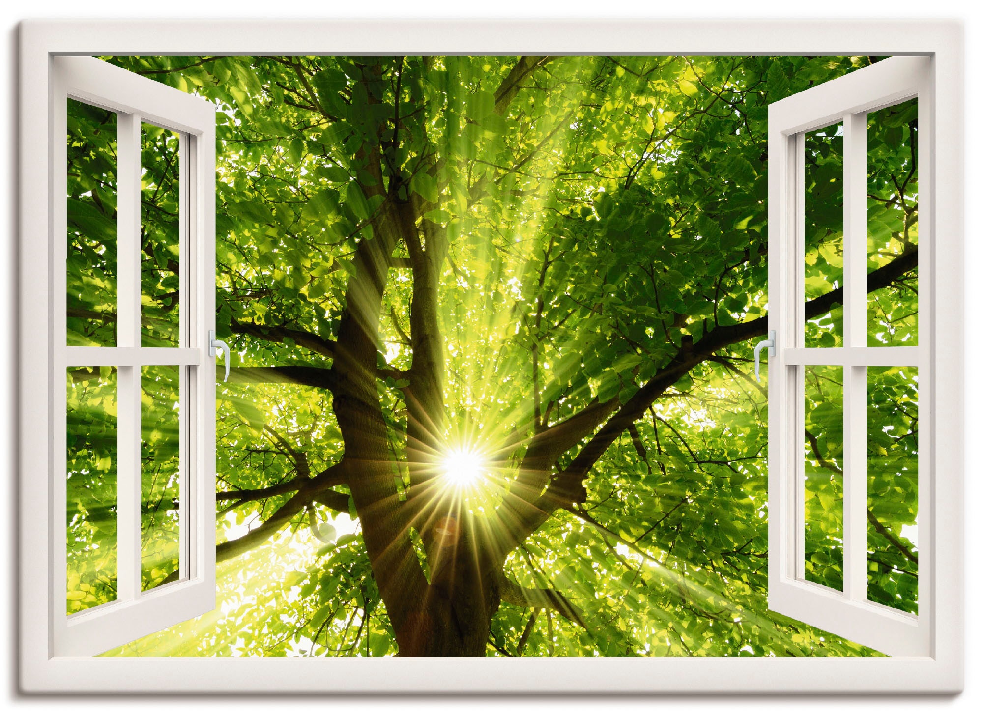 Leinwandbild »Fensterblick Sonne strahlt durch Baum«, Bäume, (1 St.), auf Keilrahmen...