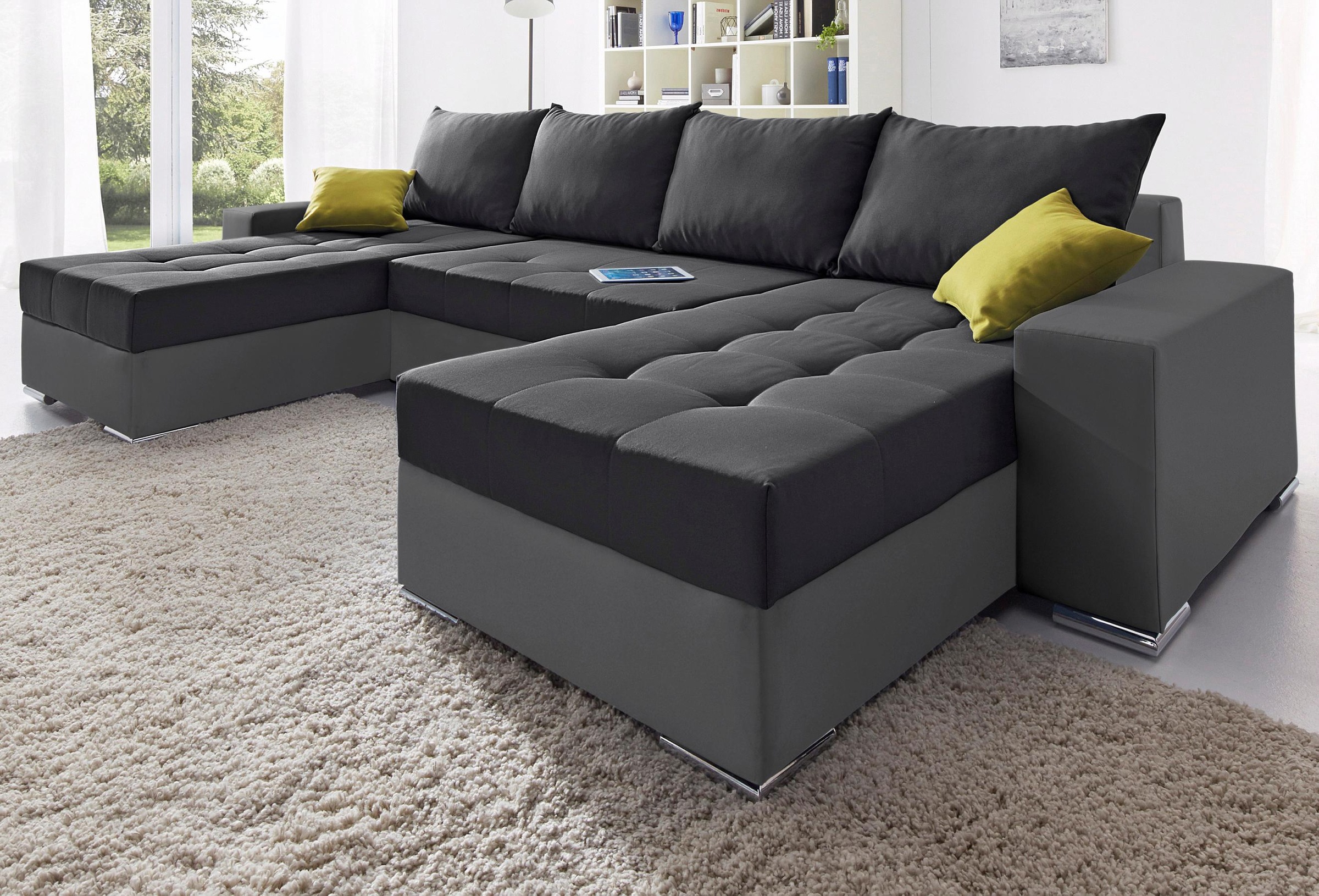 COLLECTION AB Wohnlandschaft »XL-Josy U-Form, Breite 313 cm, Flachgewebe, Struktur, Kunstleder«, inkl. Bettfunktion, Bettkasten, mit 4 gleich großen Rückenkissen