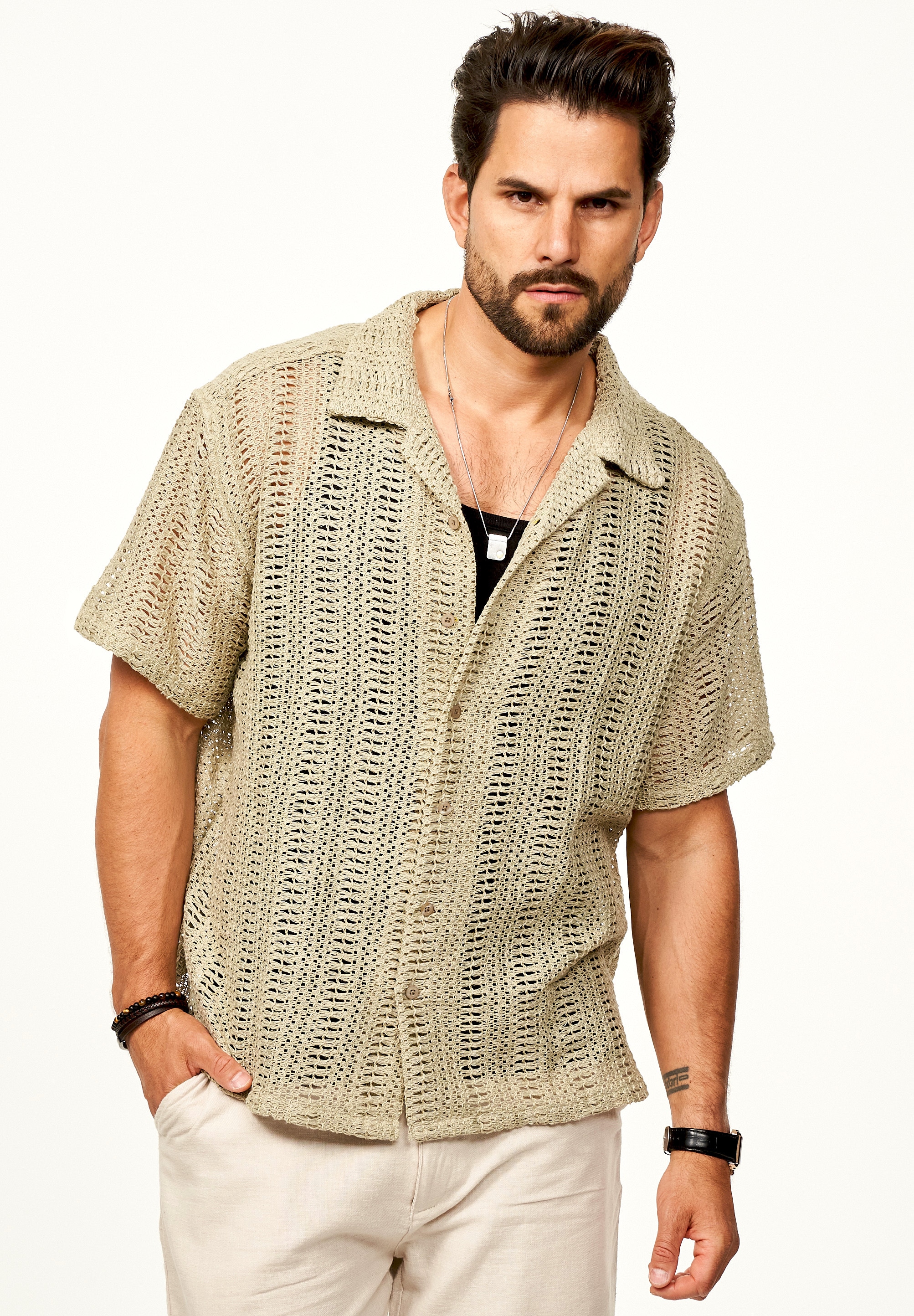 SOULSTAR Kurzarmhemd »Freizeithemd als Kurzam Strick Hemd im Retro-Look - Strick Polo-Hemd Overshirt im Regular-Fit für Herren« Strick Polo-Hemd T-Shirt im Regular-Fit