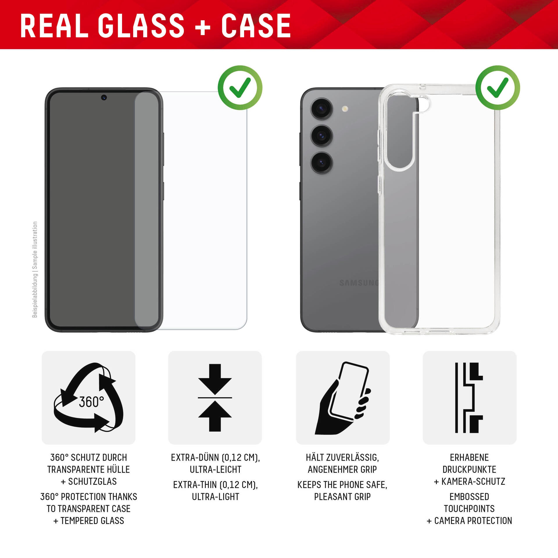 Displex Displayschutzglas »Real Glass + Case«, für Samsung Galaxy S24-Samsung Galaxy S25, Displayschutzfolie Displayschutz Rundumschutz 360 Grad splitterfest