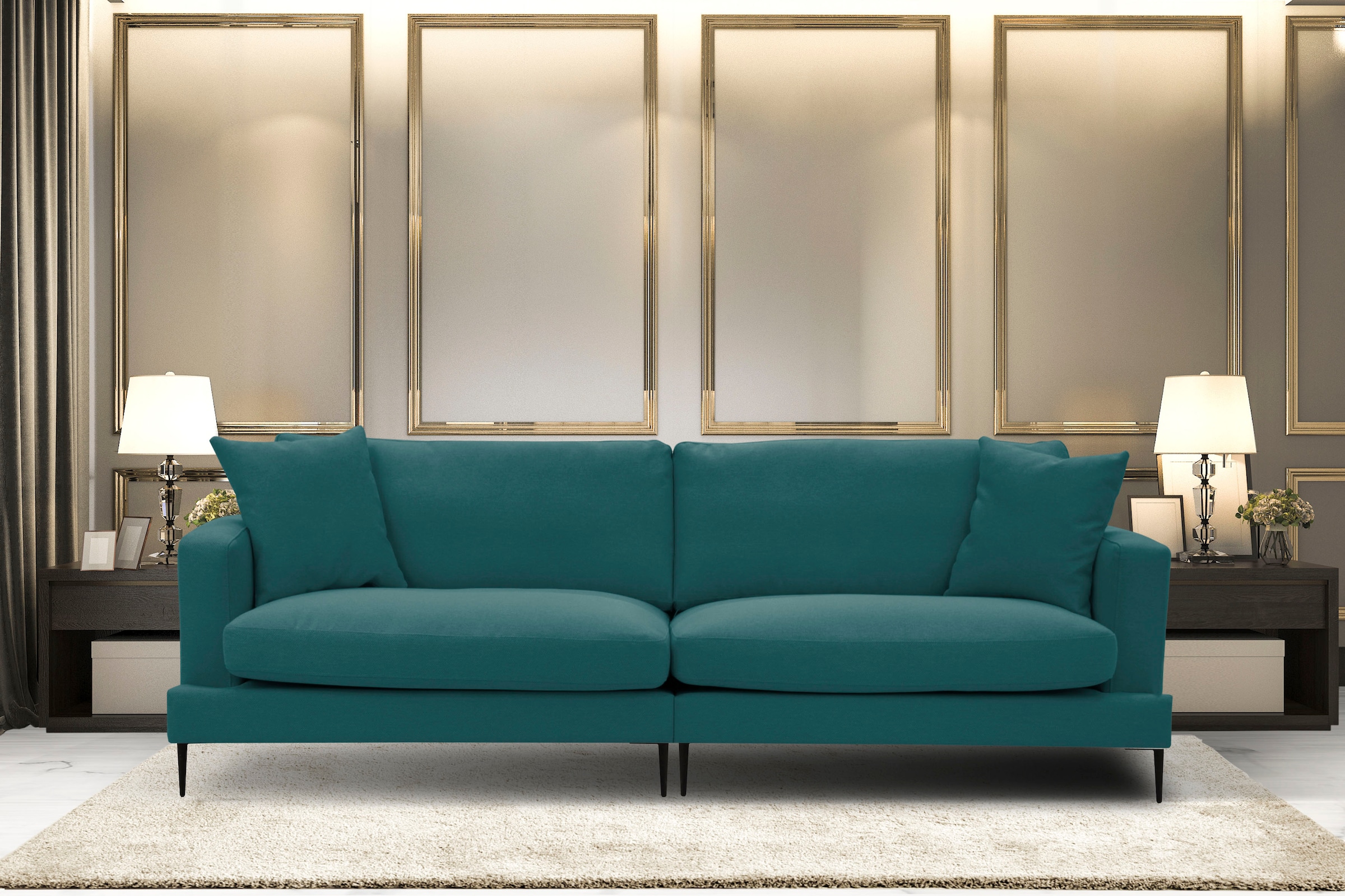 Leonique Big-Sofa »Cozy elegantes Designsofa, Maße B/T/H: 252/97/80 cm«, mit losen Kissen und Metallbeinen