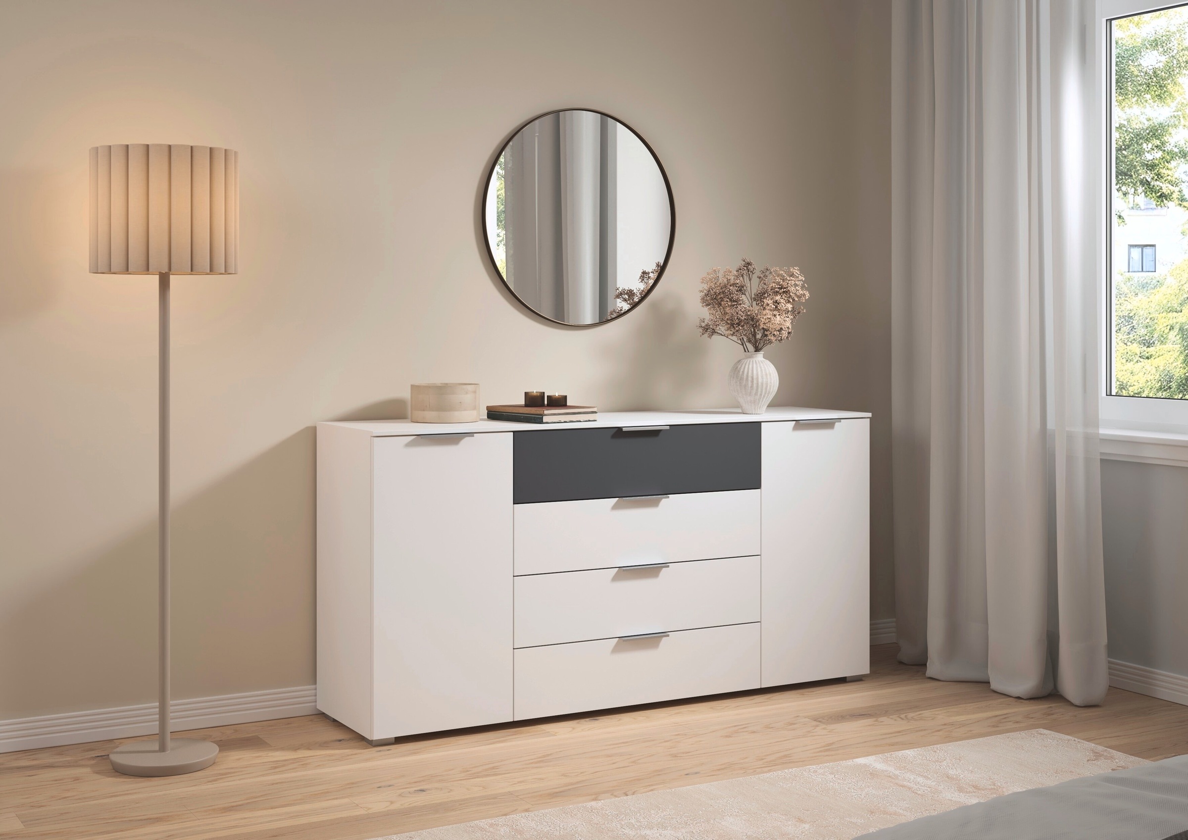 rauch Kombikommode »Sideboard Türkommode Schubladenkommode Kommode ASTANA« Breite 160 cm / Höhe 81 cm, mit 4 Einlegeböden,  2-türig, 4 geräumige Schubladen, Kantengriff Alufarben MADE IN GERMANY