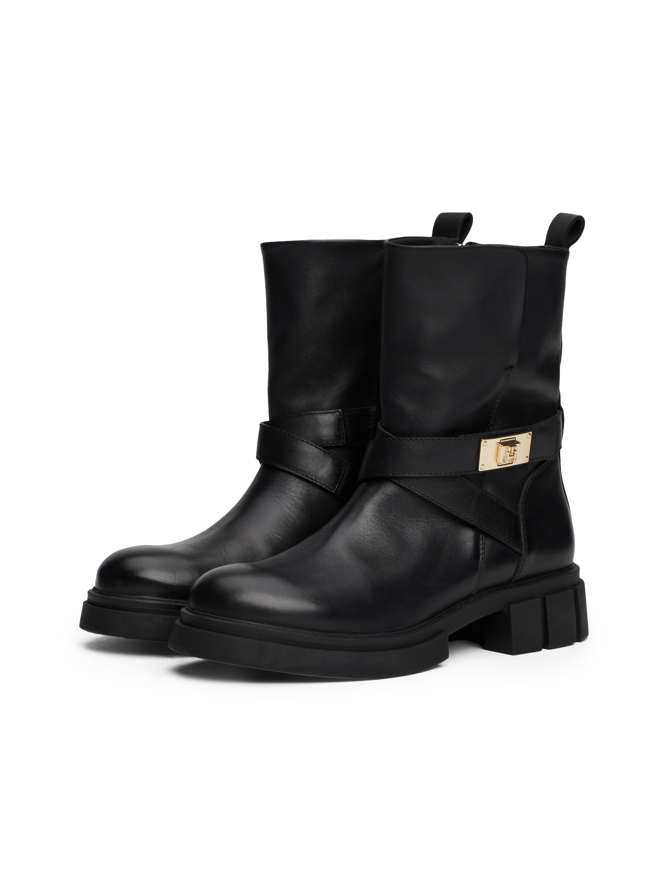 Tommy Hilfiger Bikerboots »BIKER LEATHER«, Blockabsatz, Stiefelette, Boots mit goldfarbenem Schmuckelement