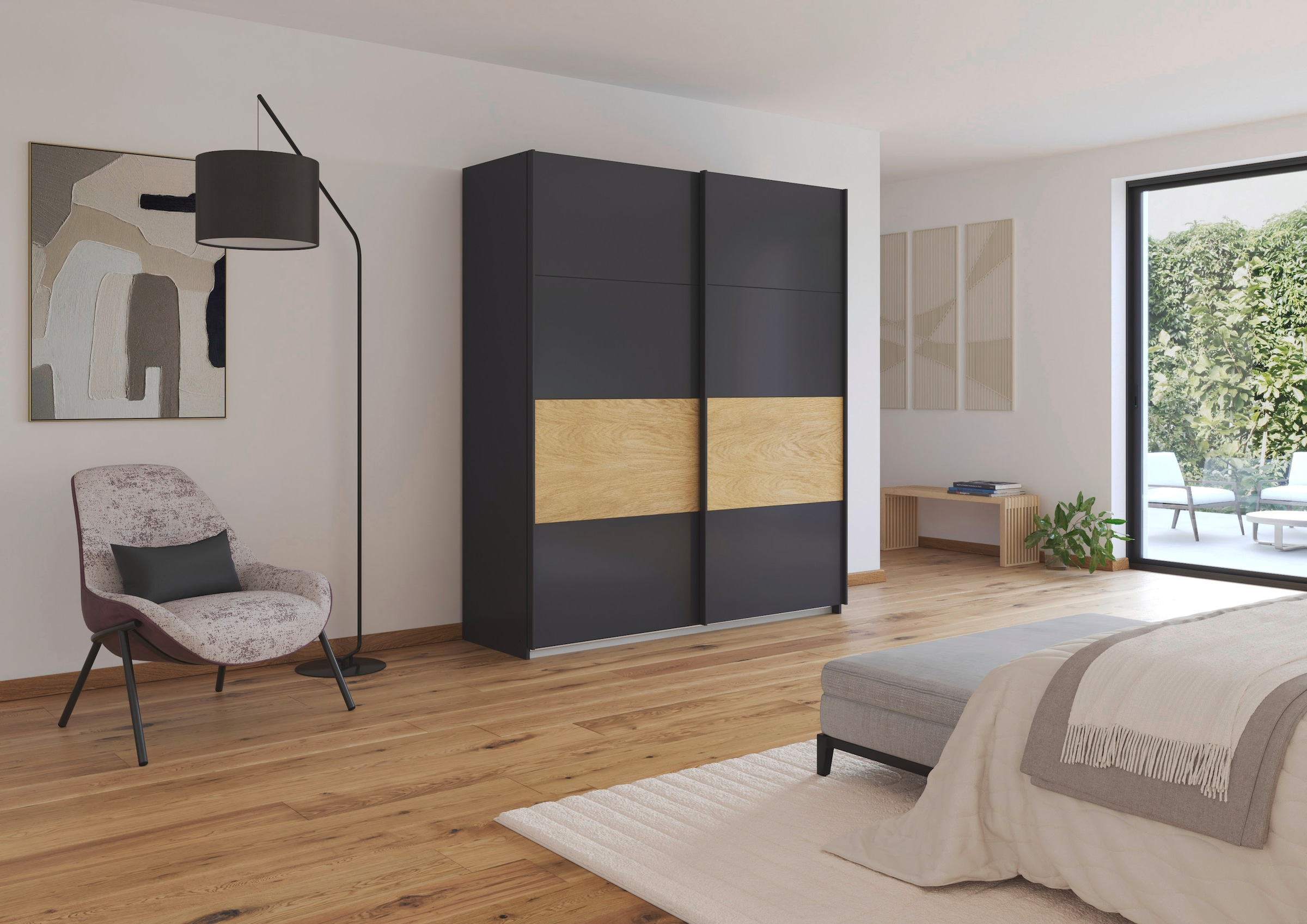 rauch Schwebetürenschrank »Kleiderschrank Schrank Garderobe Schlafzimmerschrank MALVA« Bauchbinde abgesetzt in gebürstetem Eiche Furnier MADE IN GERMANY