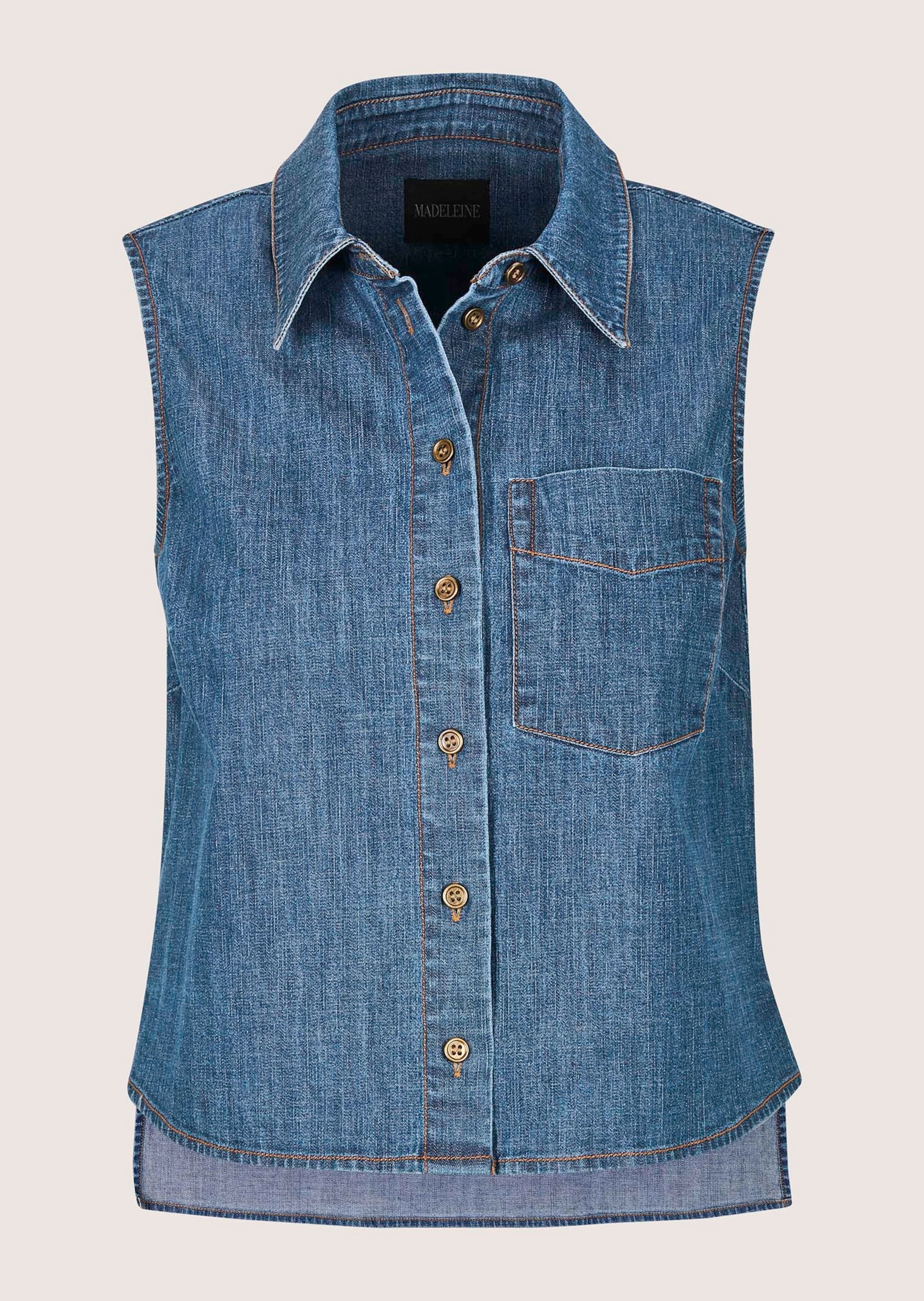 MADELEINE Hemdbluse »Jeansbluse Modernes Denimtop mit Hemdkragen« Bluse mit Brusttasche und Rücken länger als Vorderteil