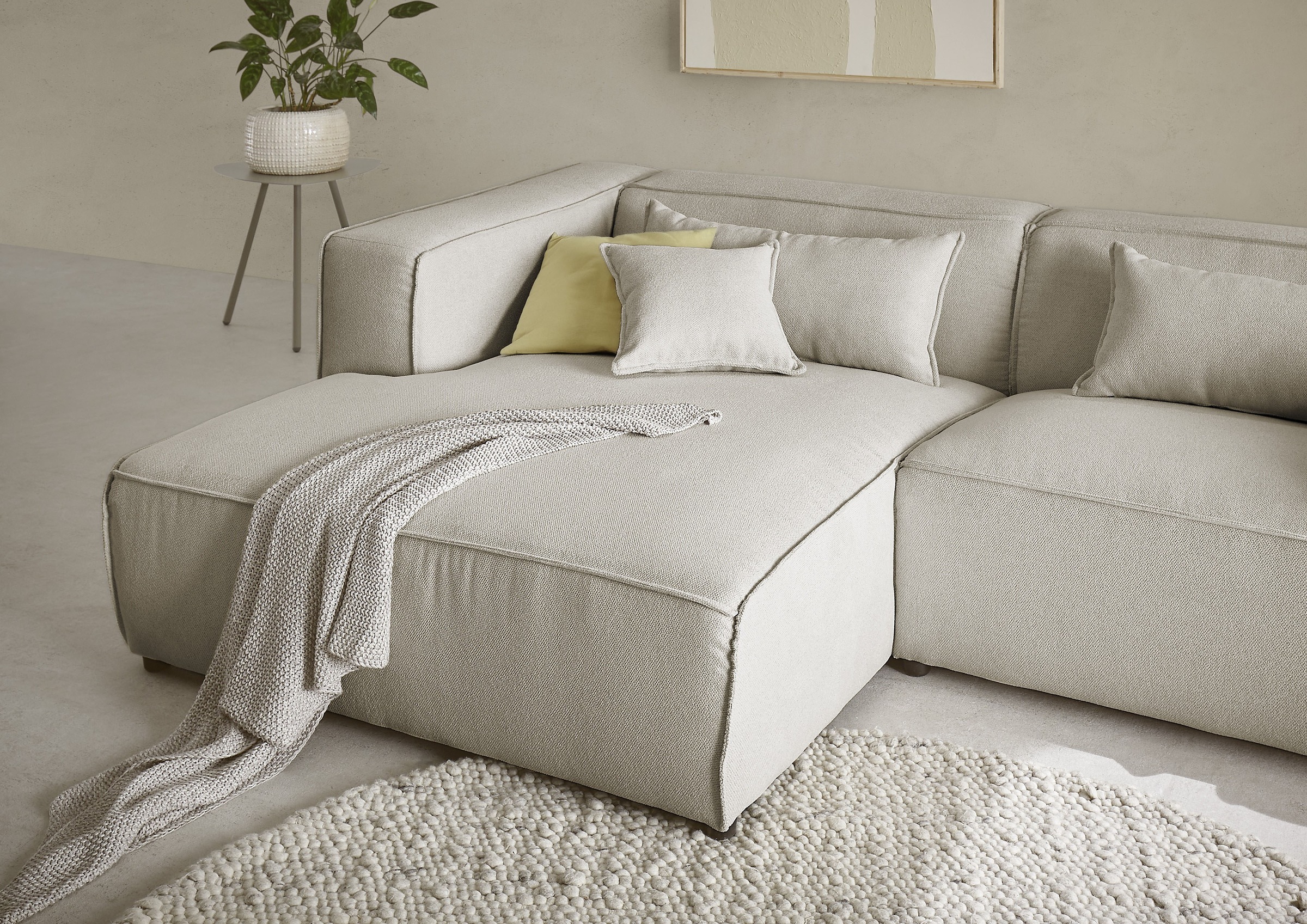 LeGer Home by Lena Gercke Ecksofa »PIARA mit Kedernaht in Cord oder Leinenoptik, moderne Couch in L-Form«, wahlweise Ottomane rechts/links, schwarze Füße, bequemer Sitzkomfort