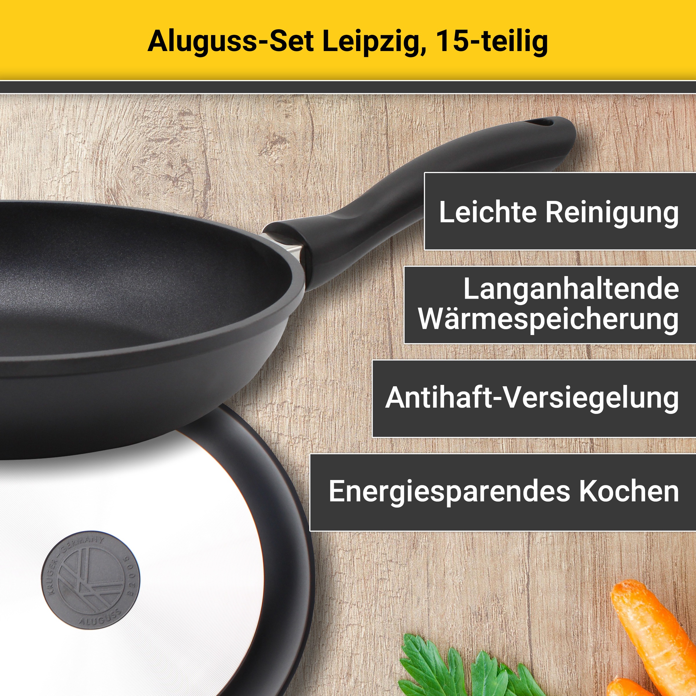 Krüger Topf-Set »Aluguss Topf-/ Pfannenset LEIPZIG inkl. Küchenhelfern, 15 tlg.«, Aluminiumguss, (Set, 15 tlg., Fleischtopf 16+20+24 cm, Pfanne flach 20+28 cm, 7 tlg. Küchenhelferset), inkl. 7-tlg. Küchenhelfer-Set