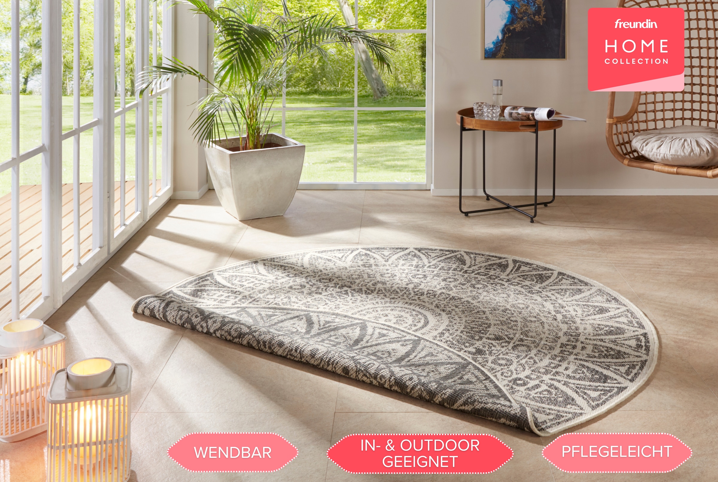 freundin Home Collection Teppich »Lilja Wendeteppich«, rund, 5 mm Höhe, In-& Outdoor, beidseitig, Wetterfest, Balkon, Garten, Wohnzimmer