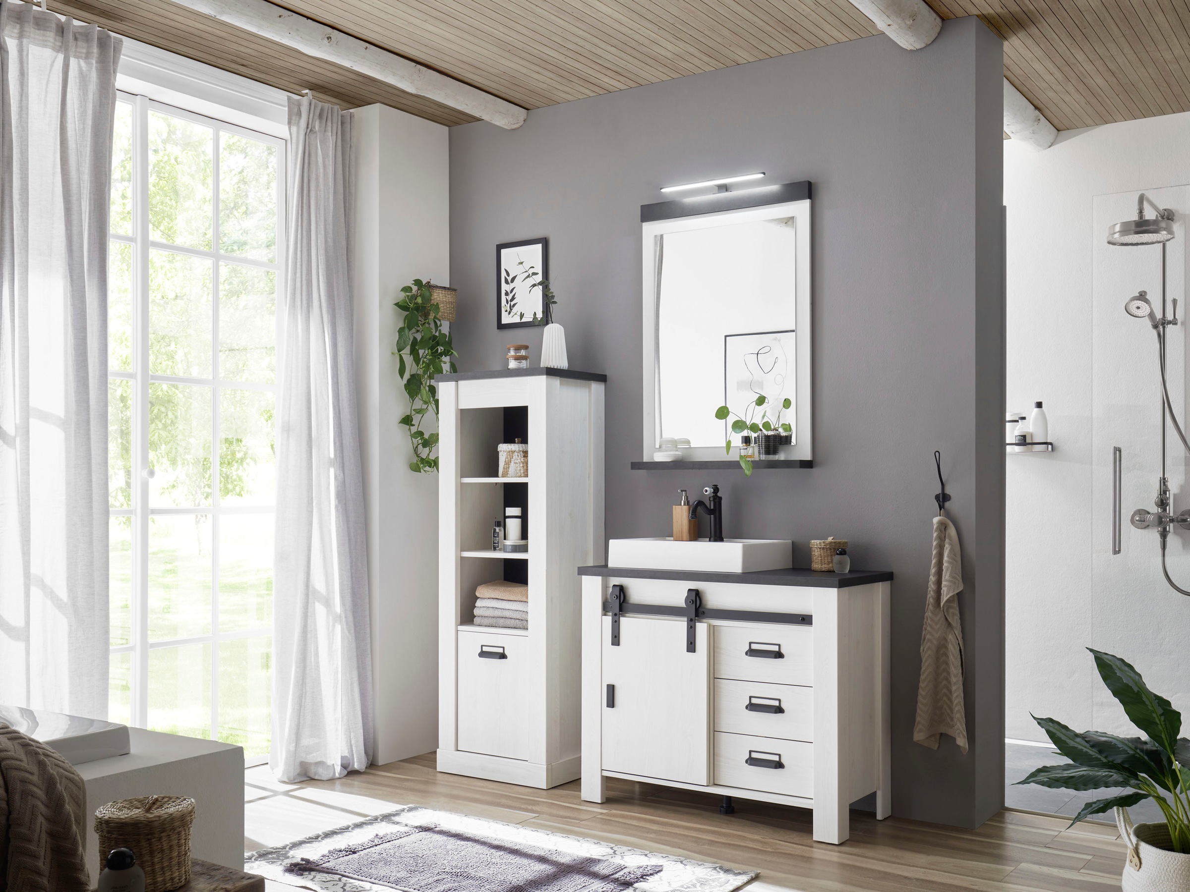 Home affaire Wäscheschrank »SHERWOOD Hochkommode Kommode Schrank«, in modernem Holz Dekor, mit Apothekergriffen aus Metall, Höhe 146 cm
