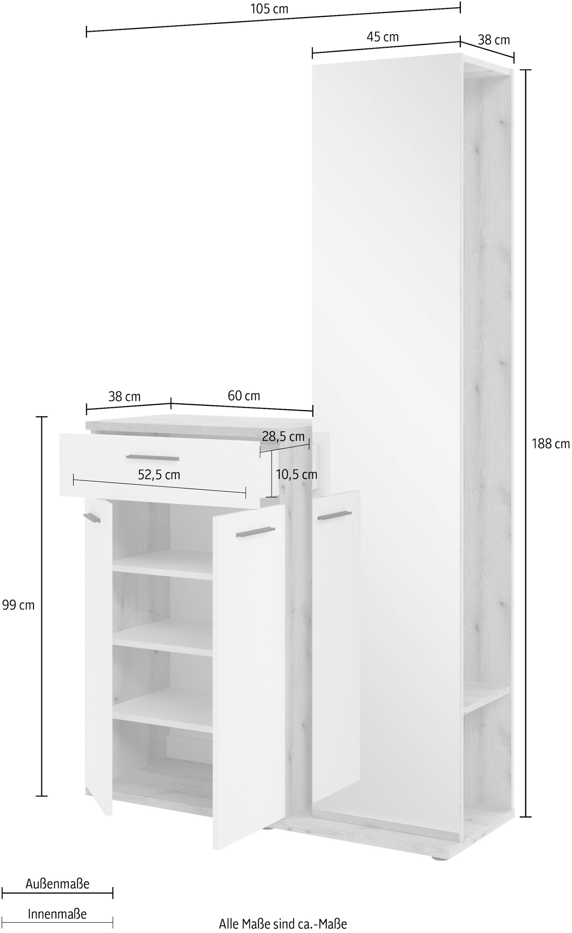 HBZ Garderoben-Set »Kompaktgarderobe, BxHxT 105x188x38 cm mit Spiegel«, (2 St.), Breite 105cm, Softclose, Melaminbeschichtet, Spiegel