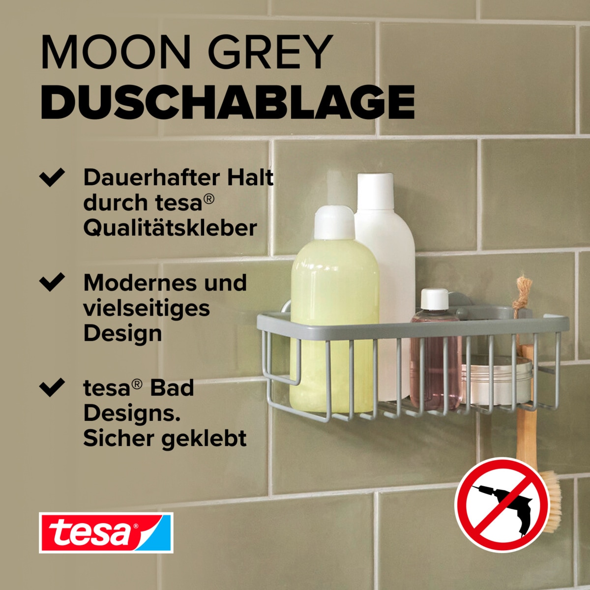 tesa Duschregal »MOON Duschkorb ohne Bohren - 9,2 x 25 x 12,5 cm« Packung,  selbstklebende Duschablage - matt grau