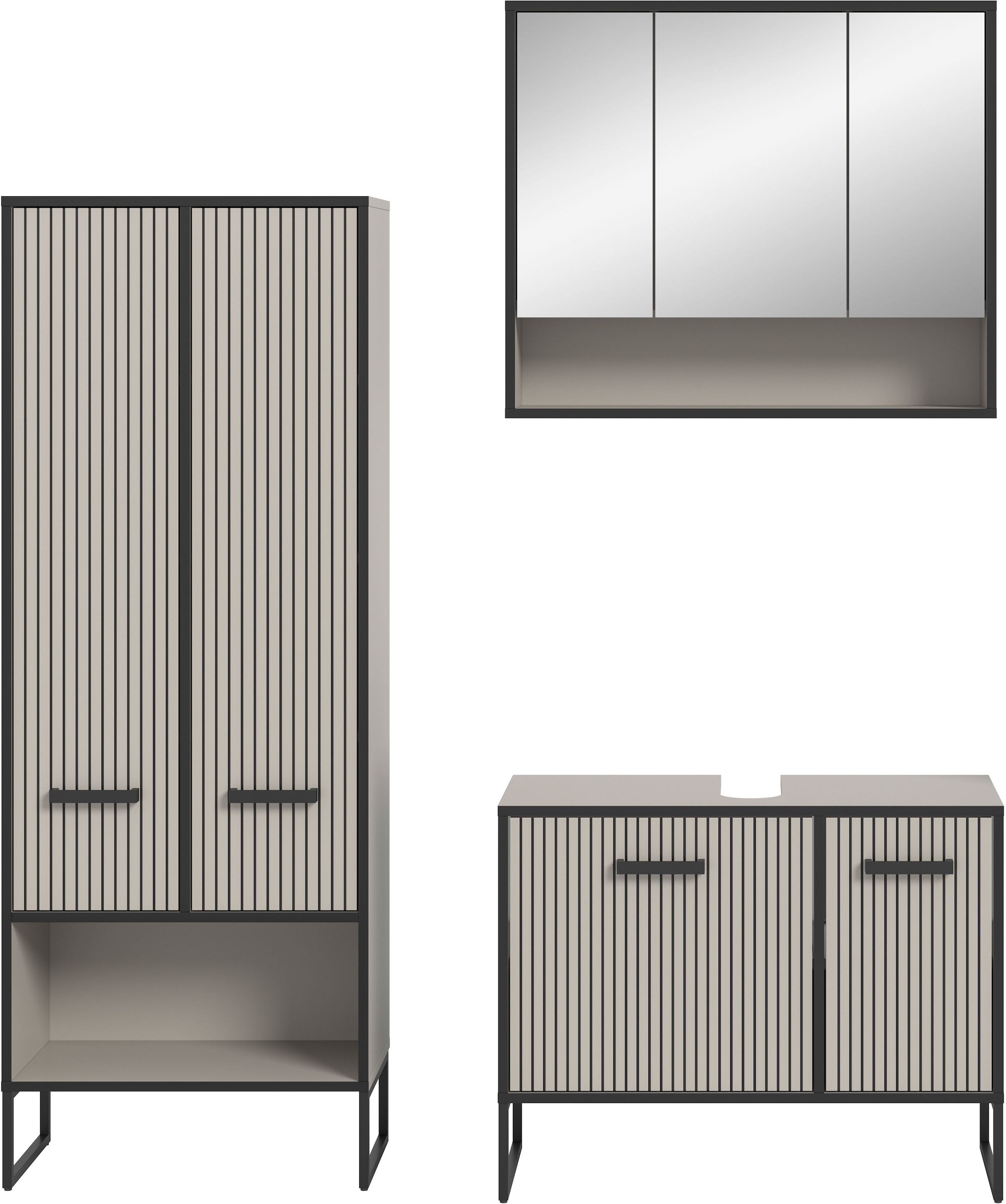 welltime Badmöbel-Set »Locri, Breite 154 cm, Rillenoptik, Metallkufen«, (3 St.), best. aus: Hochschrank, Waschbeckenunterschrank, Spiegelschrank