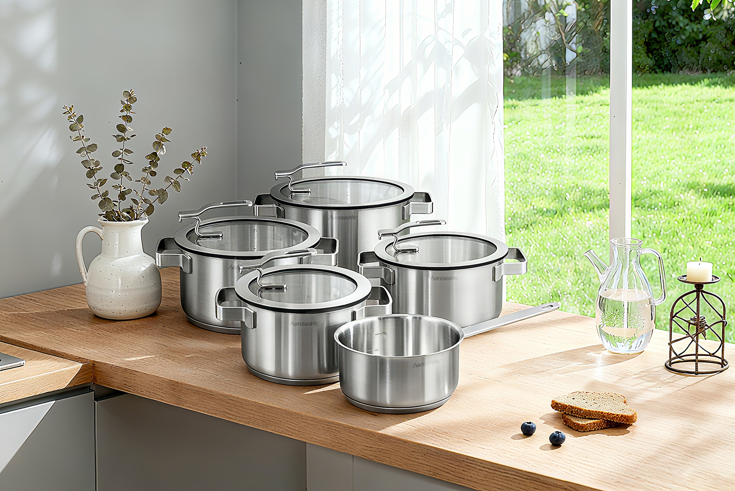 Hanseatic Topf-Set »STYLE« Set, Fleischtopf 1x 16 cm / 2x 20 cm / 1x 24 cm, Stielkasserolle 16 cm, 9 Stk. tlg. Edelstahl 18/10