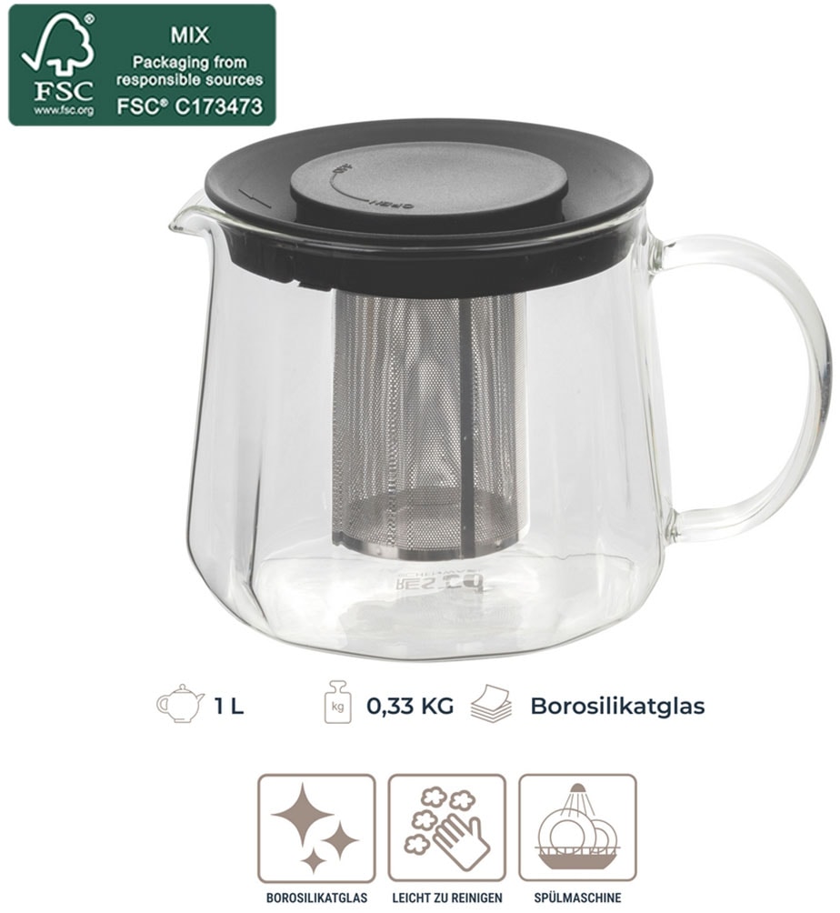 RESTO Kitchenware Teekanne »Ain, hitzebeständige Glaskanne im 3D Design, Höhe ca. 12 cm« 1 l 4 Stk. tlg. mit herausnehmbarem Filtersieb aus Edelstahl, im Geschenkkarton