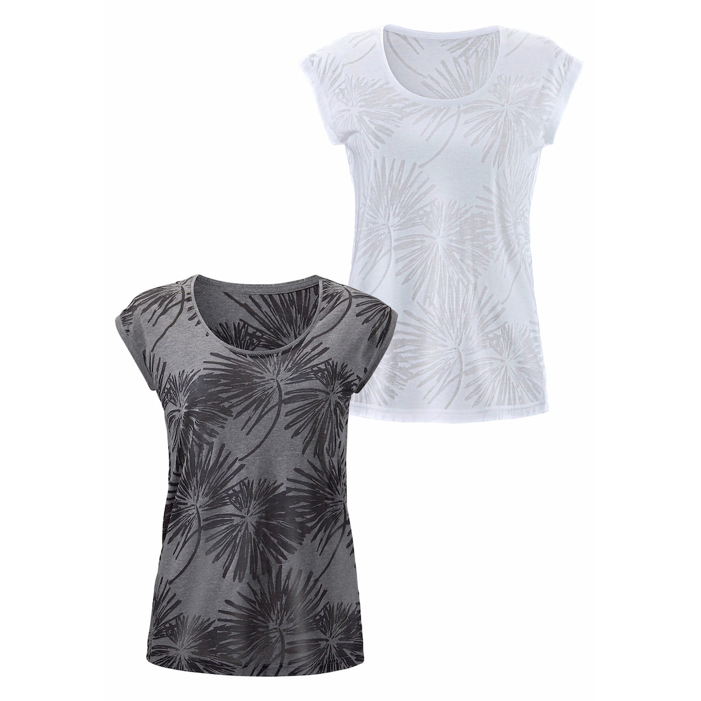 Beachtime T-Shirt, (2 tlg., 2er-Pack), Ausbrenner-Qualität mit leicht transparenten Palmen