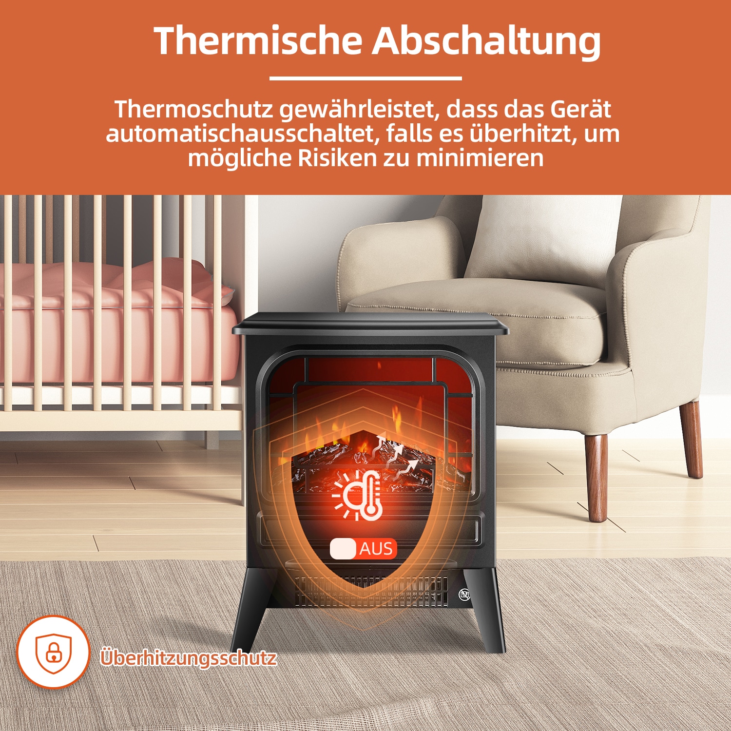 SHX Elektrokamin »Elektrokamin 1950W SHXFP1950 schwarz«, Holzscheit-Effekt, Thermostat