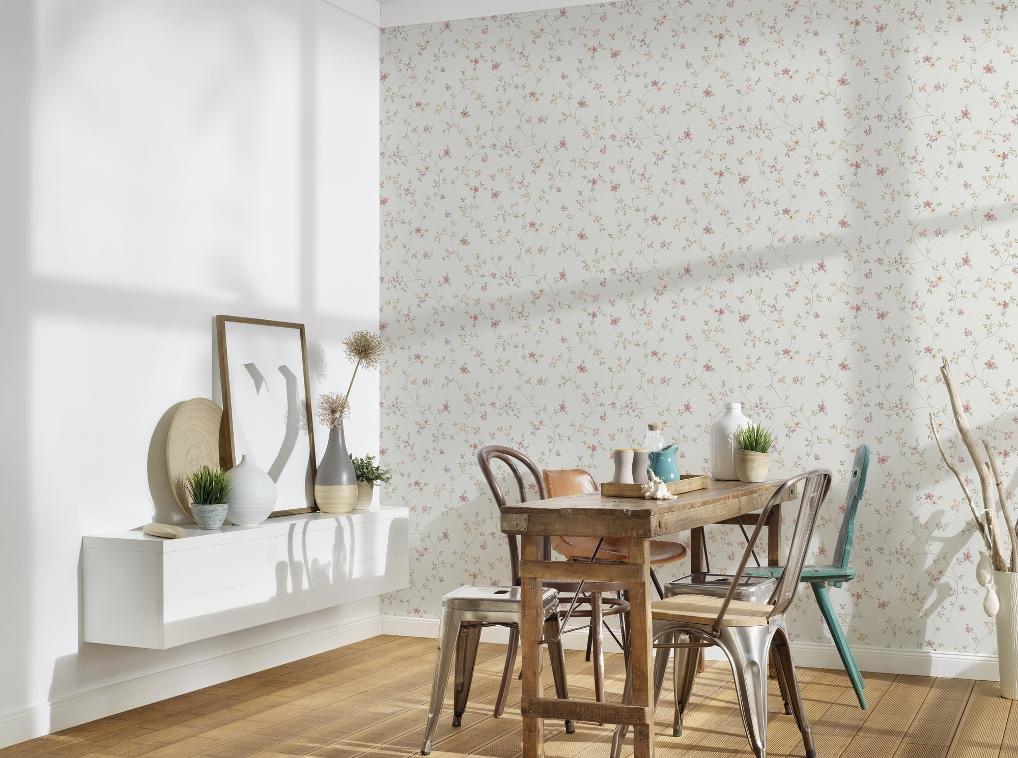 A.S. Création Vliestapete »Maison Charme Vliestapete Blümchen-Muster florale Tapete Creme« Strukturmuster strukturiert Mustertapete floral in Blumen-Optik Weiß Grün Schlafzimmer Küche