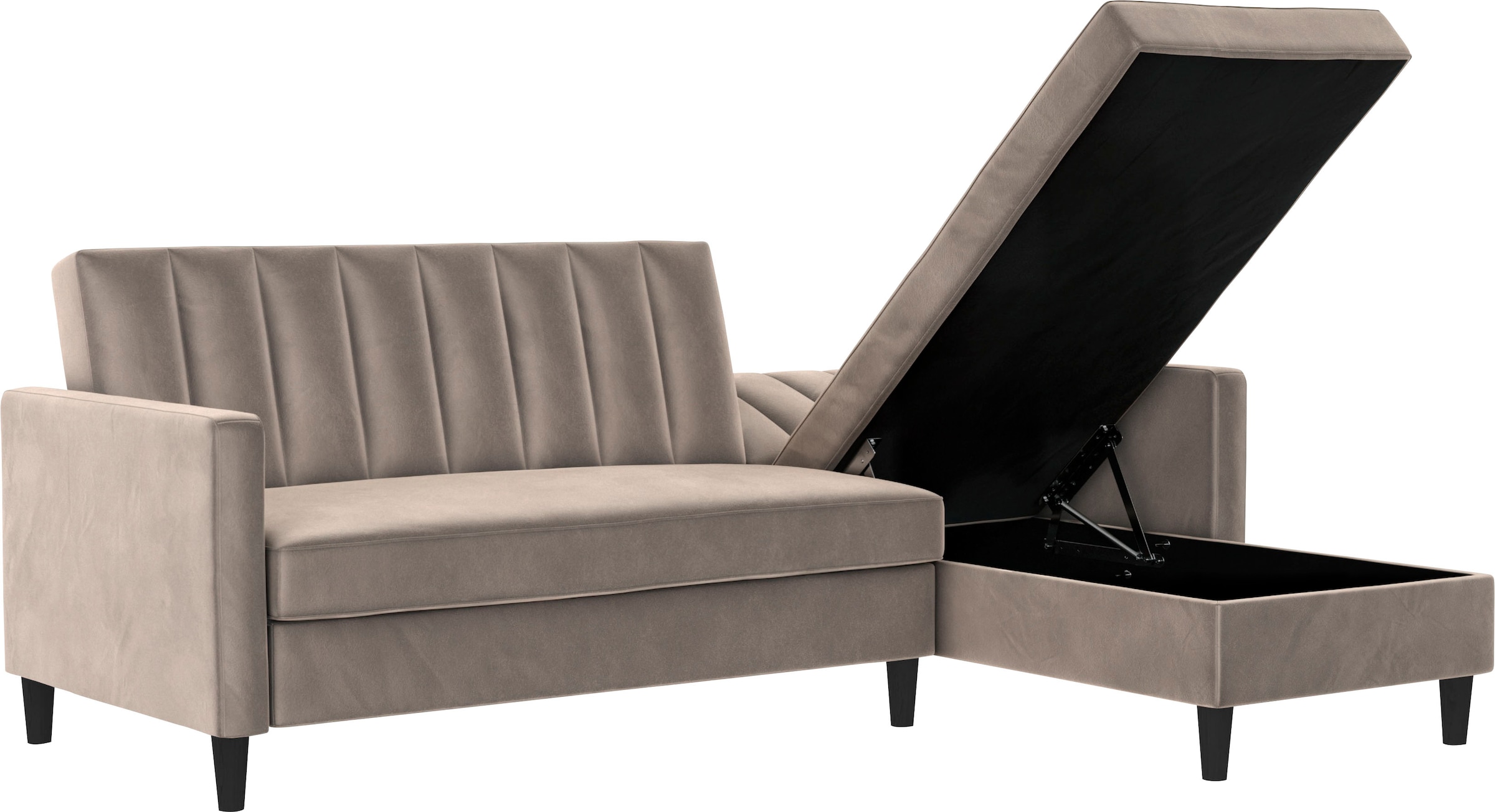 Dorel Home Ecksofa mit Schlafffunktion, Recamiere mit Stauraum beidseitig montierbar, Rückenlehne 2-teilig und 3-fach verstellbar