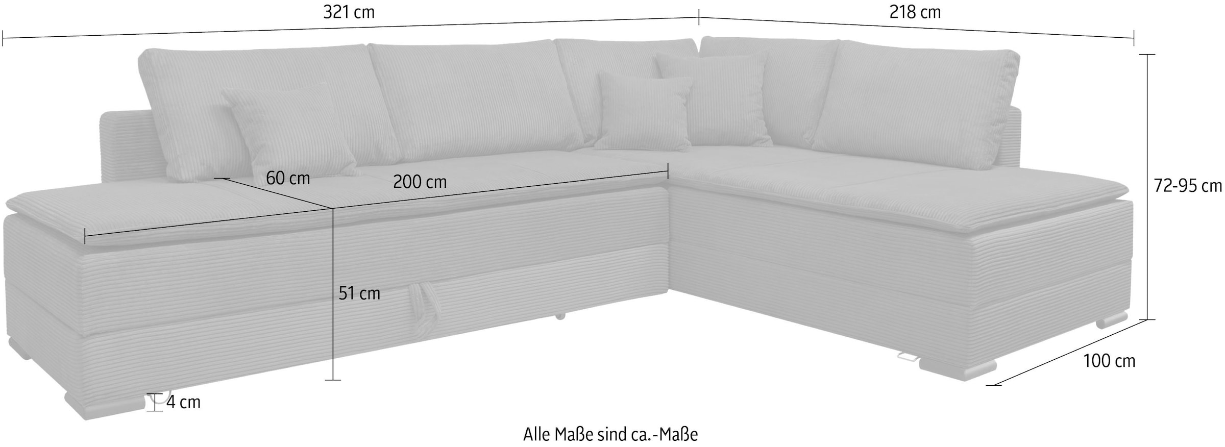 Home affaire Ecksofa »Night & Day L-Form, B: 321 cm, mit Dauer-Schlaffunktion 180x200 cm« Schlaffunktion, Bettkasten, Topper & 3 Zierkissen, Boxspringbett Cord