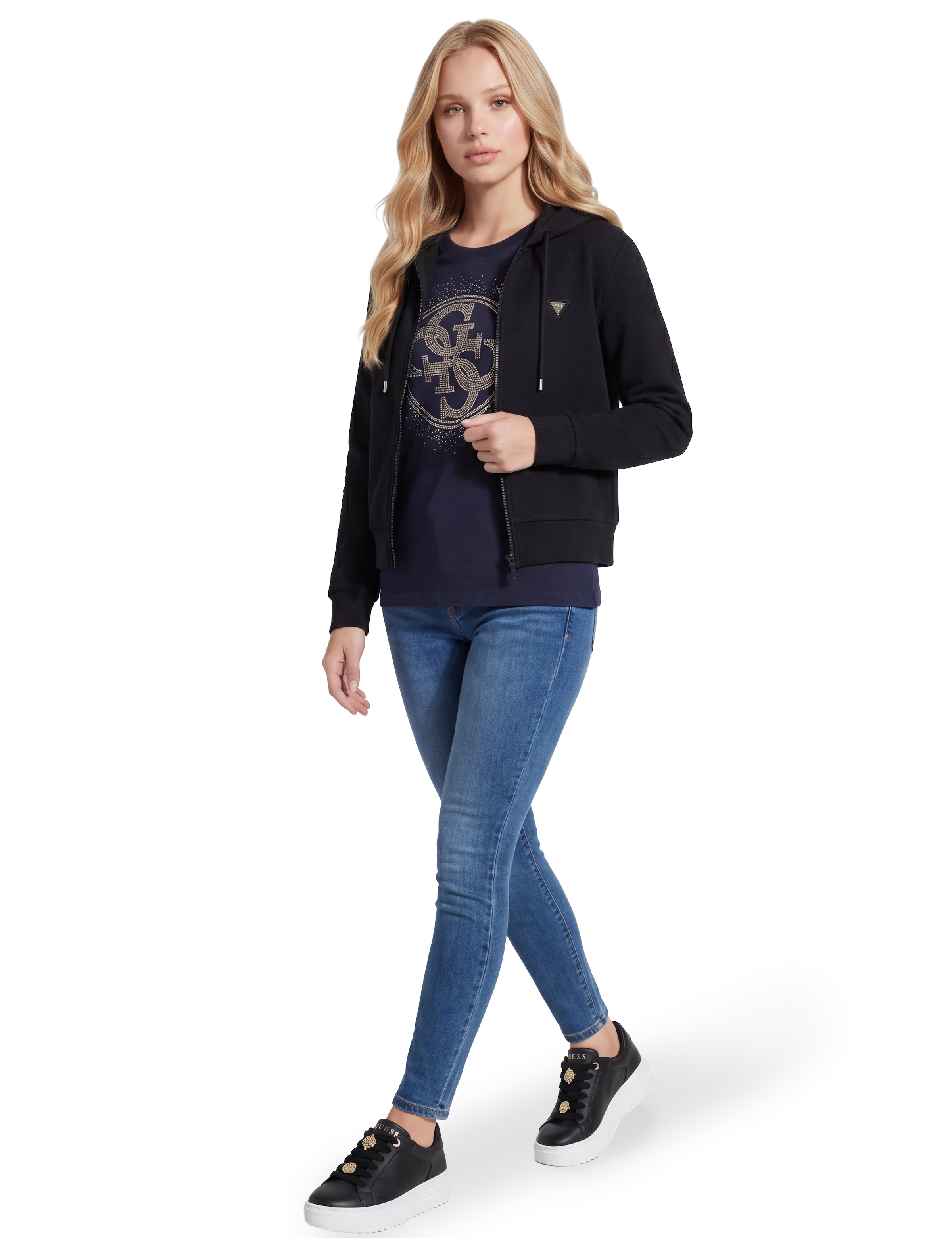 Guess T-Shirt »CN 4G ROUND CRYSTALS LOGO« mit markantem Logodesign, Regular Fit