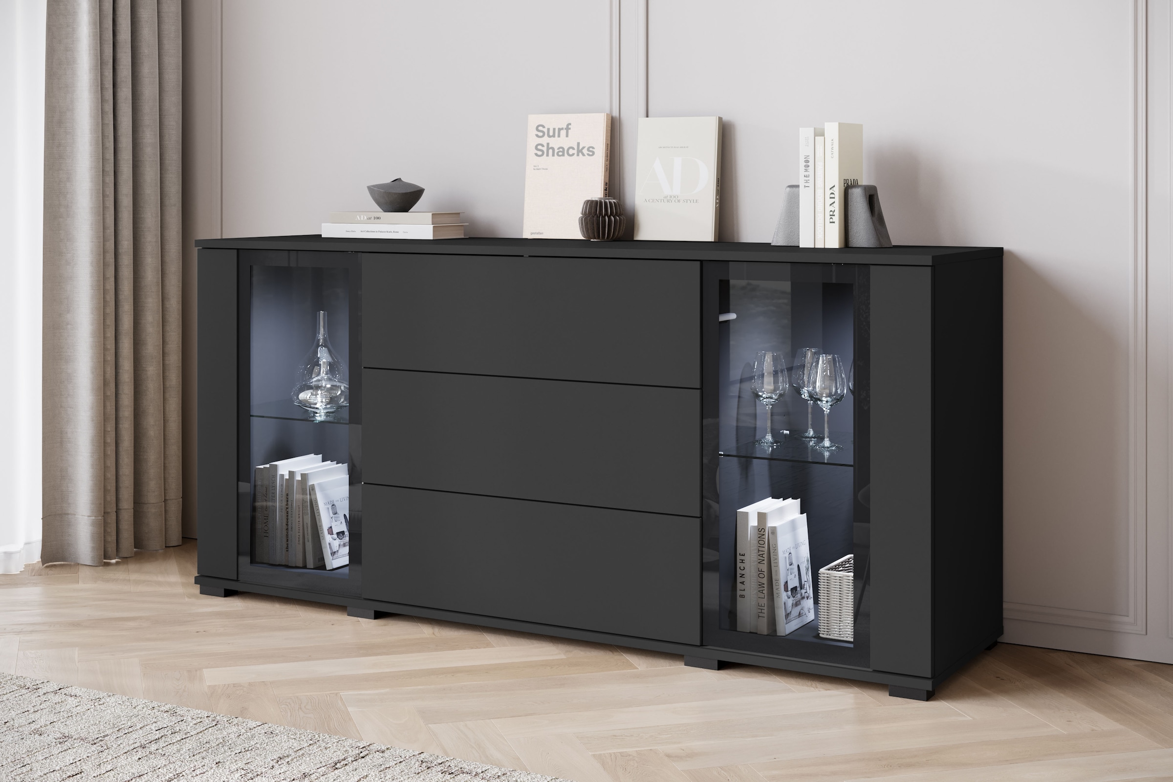 INOSIGN Sideboard »modernes Design mit Glaseinsätzen und 3 Schubladen, Breite 150 cm«, (1 St.), Grifflose Fronten mit Push-to-Open, höhenverstellbare Einlegeböden