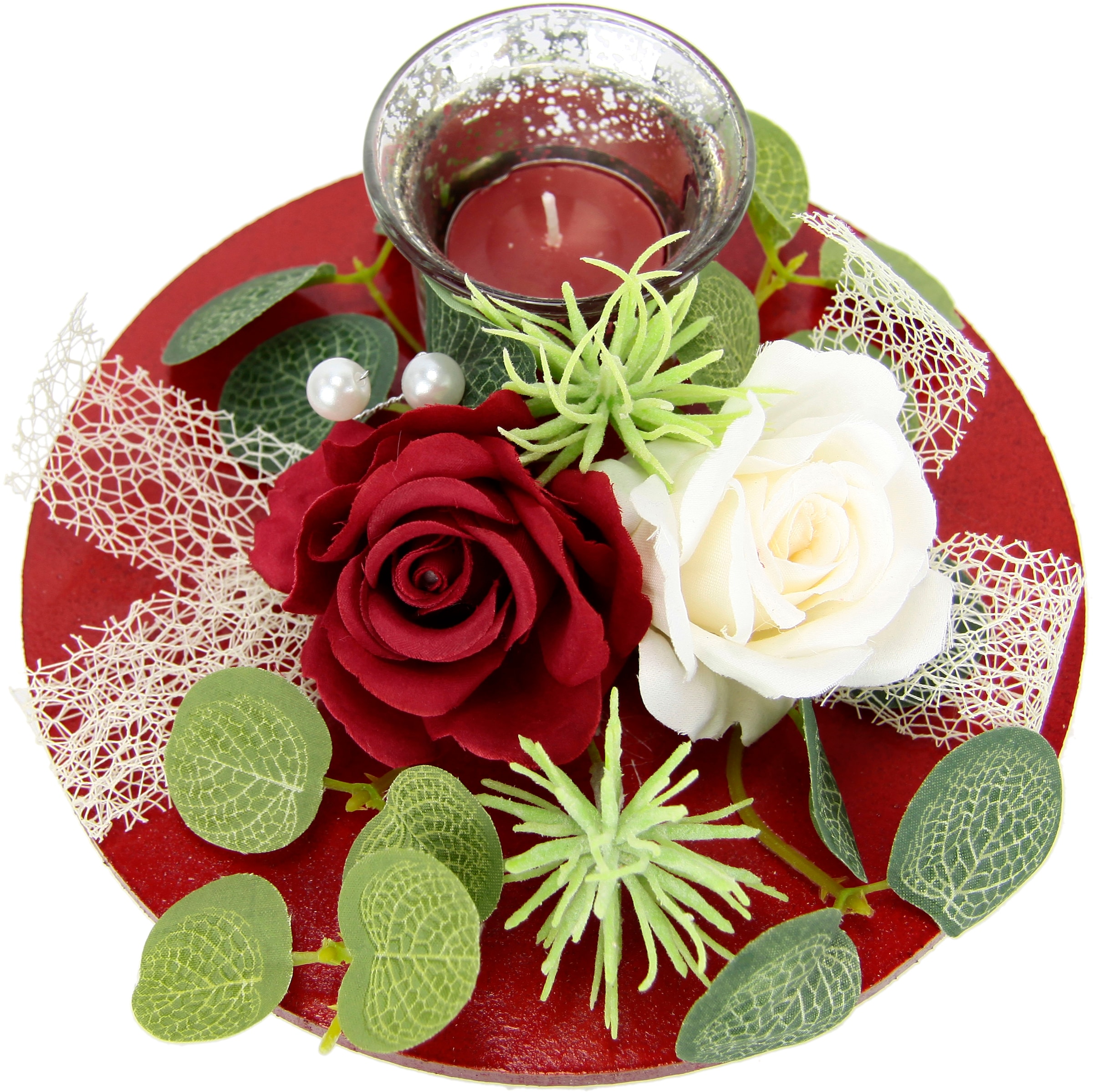 I.GE.A. Teelichthalter »Mit Rosen Teelichtkerze, bei und Glaseinsatz (1 Kerzenhalter OTTO Kerzen Eukalyptus«, Valentinstag künstlichen Muttertag Tischdeko Kerzenständer St.)