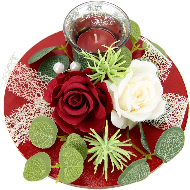 I.GE.A. Teelichthalter »Mit Glaseinsatz und Teelichtkerze, künstlichen  Rosen Eukalyptus«, (1 St.), Kerzenständer Kerzenhalter Tischdeko Kerzen  Muttertag Valentinstag bei OTTO