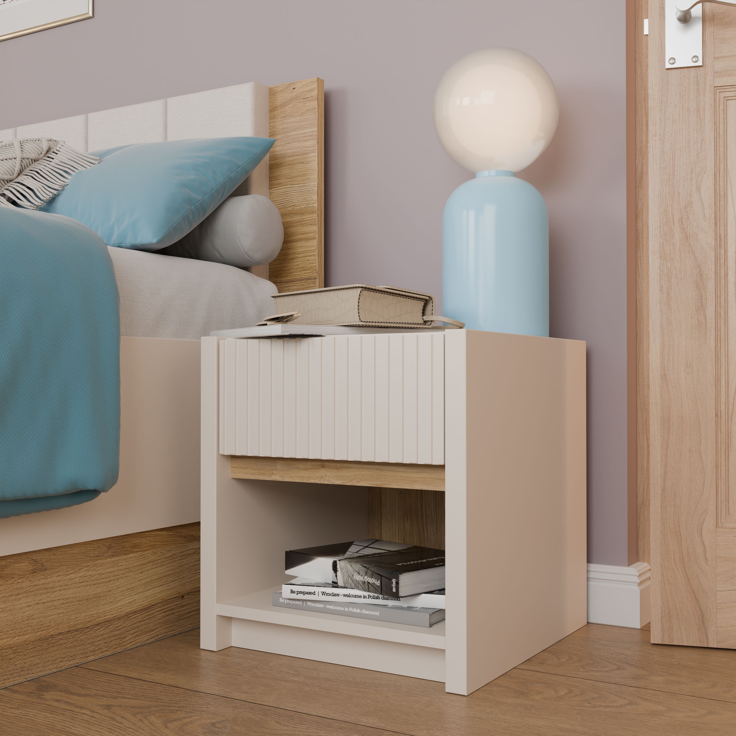 FORTE Nachtkommode »Oak Squere« B/H/T 40,6/43/41,7 cm inklusive Beleuchtung, Vollauszug